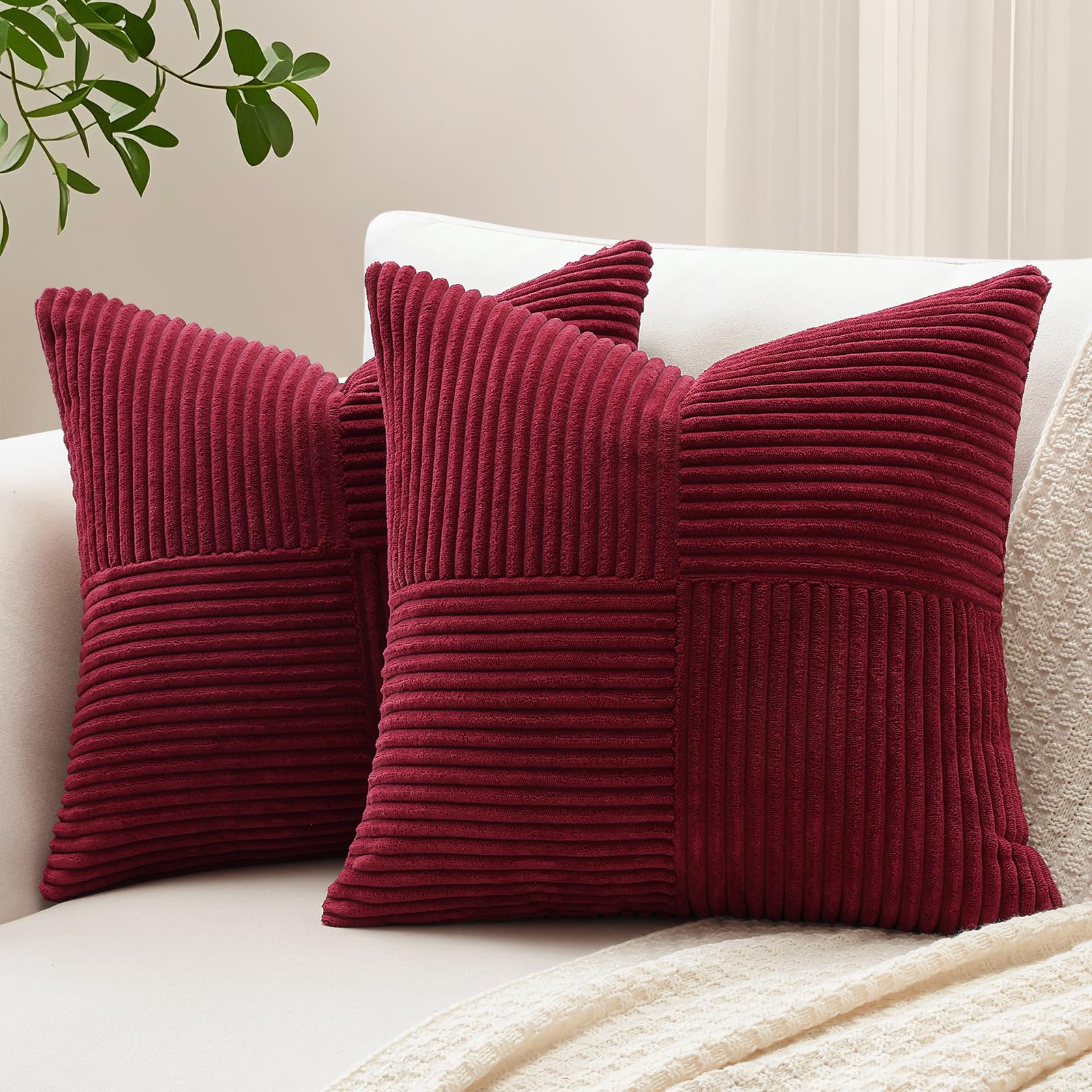 Sungeek Set of 2 Decorative Cushion Covers 40 x 40cm Soft Corduroy Striped Cross Patchwork Textured Pillow Covers Solid Square Throw Pillow Cases for Sofa Bed Patio 16x16 Inch, Burgundy