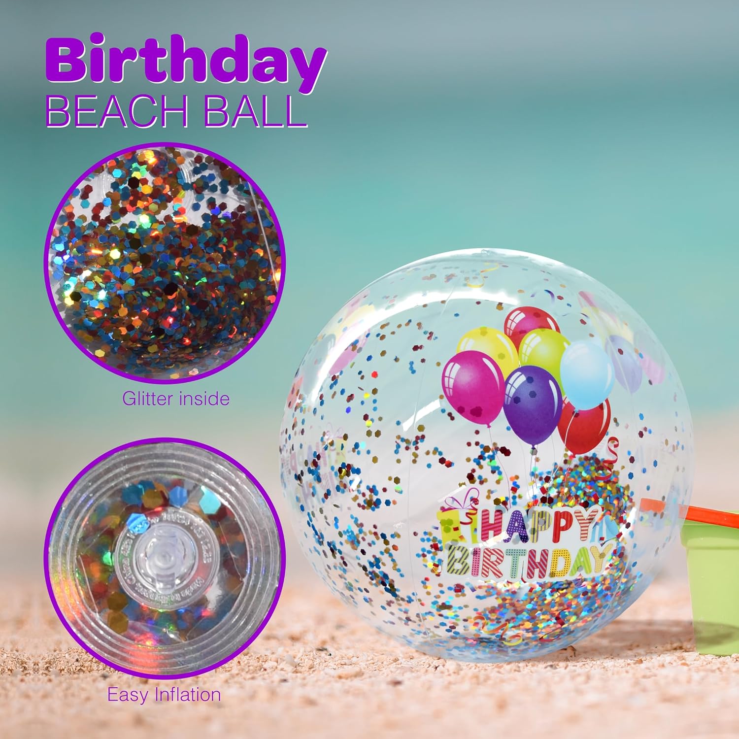 4E's Novelty 22 Inch Large Happy Birthday Beach Ball with Glitter Inside, for Pool Birthday Decorations Supplies, Outdoor Yard Games, Inflatable Pool Toys for Kids Adults (Pack of 2)