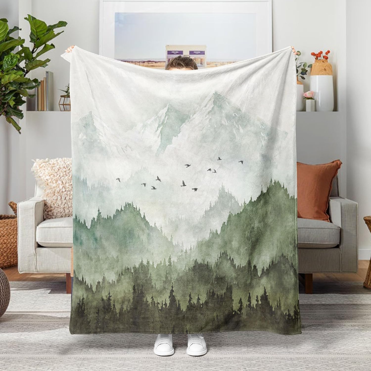 Neasow Watercolor Mountain Forest Fleece Throw Blanket, Nature Misty Foggy Sage Green Tree Landscape Art Nap Blankets Gift Sofa Bed Couch Chair or Dorm Throws 68×90 inches