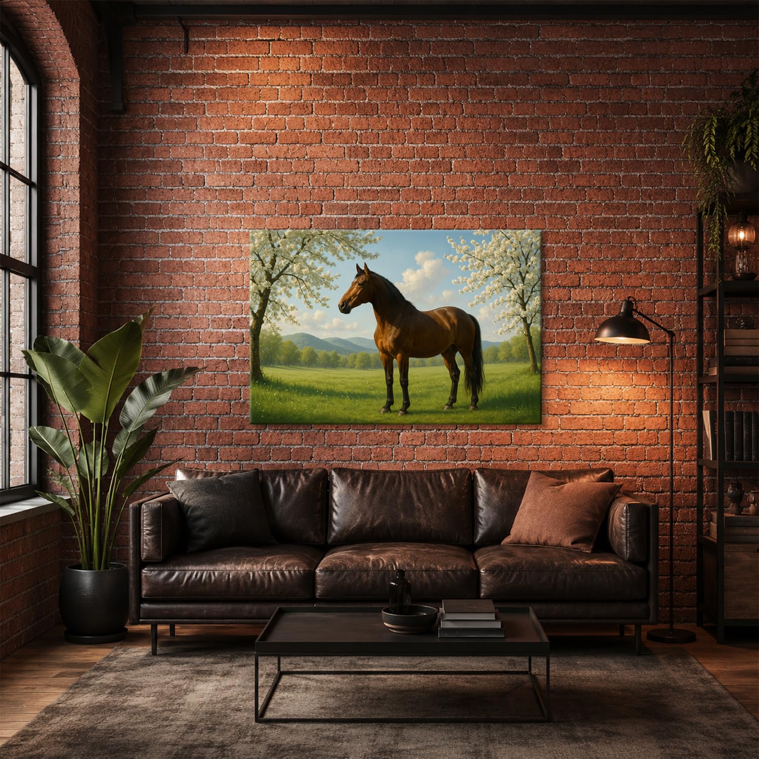 deyoli Obraz na płótnie brązowy koń stoi na wiosennej łące 60 x 40 cm kolorowy