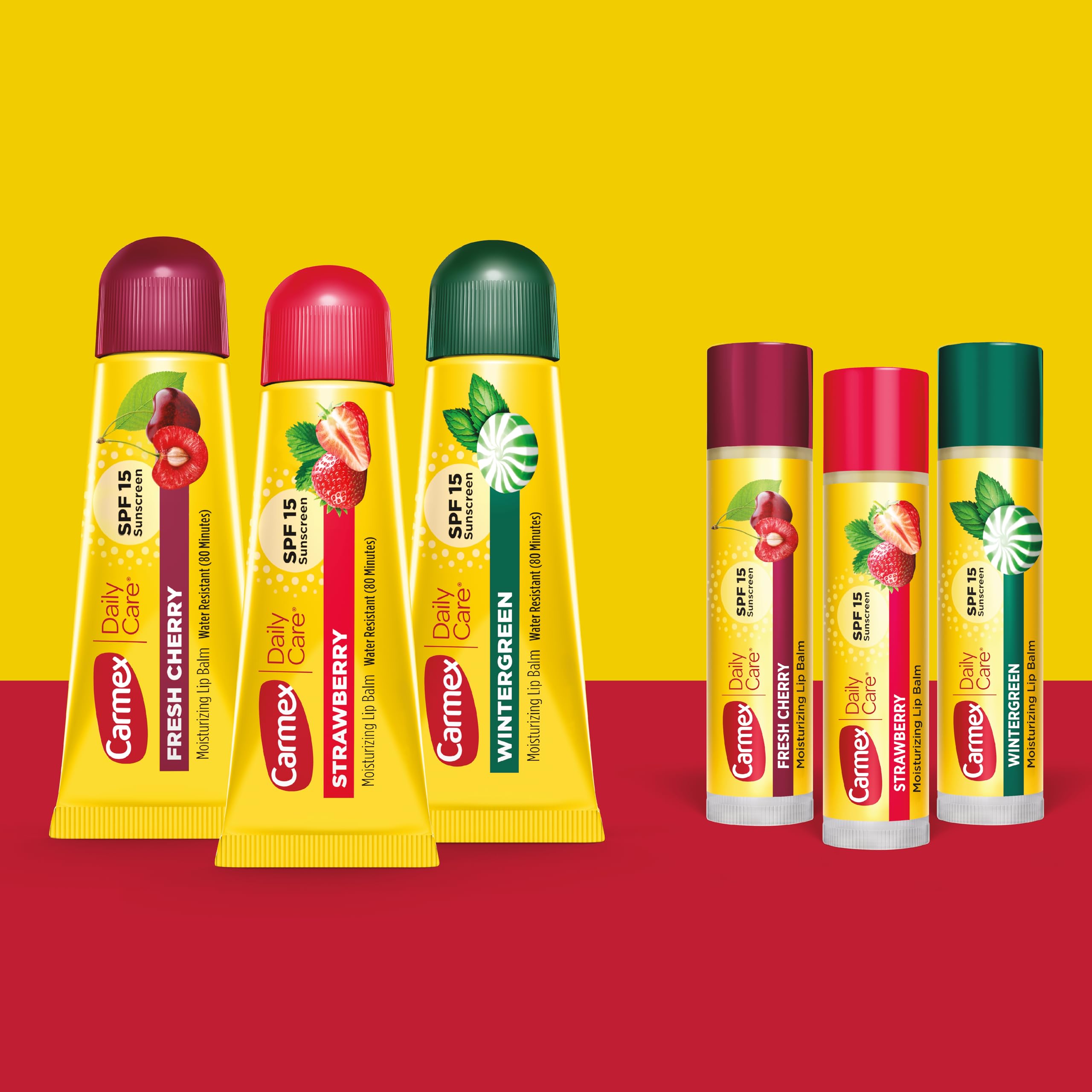 Carmex - Ein Beutel mit 9 feuchtigkeitsspendenden Lippenbalsam mit Carmex Daily Care Sonnencreme, inklusive Wintergreen, Fresh Cherry und Strawberry Lippenbalsam (3 Tuben, 6 Riegel)