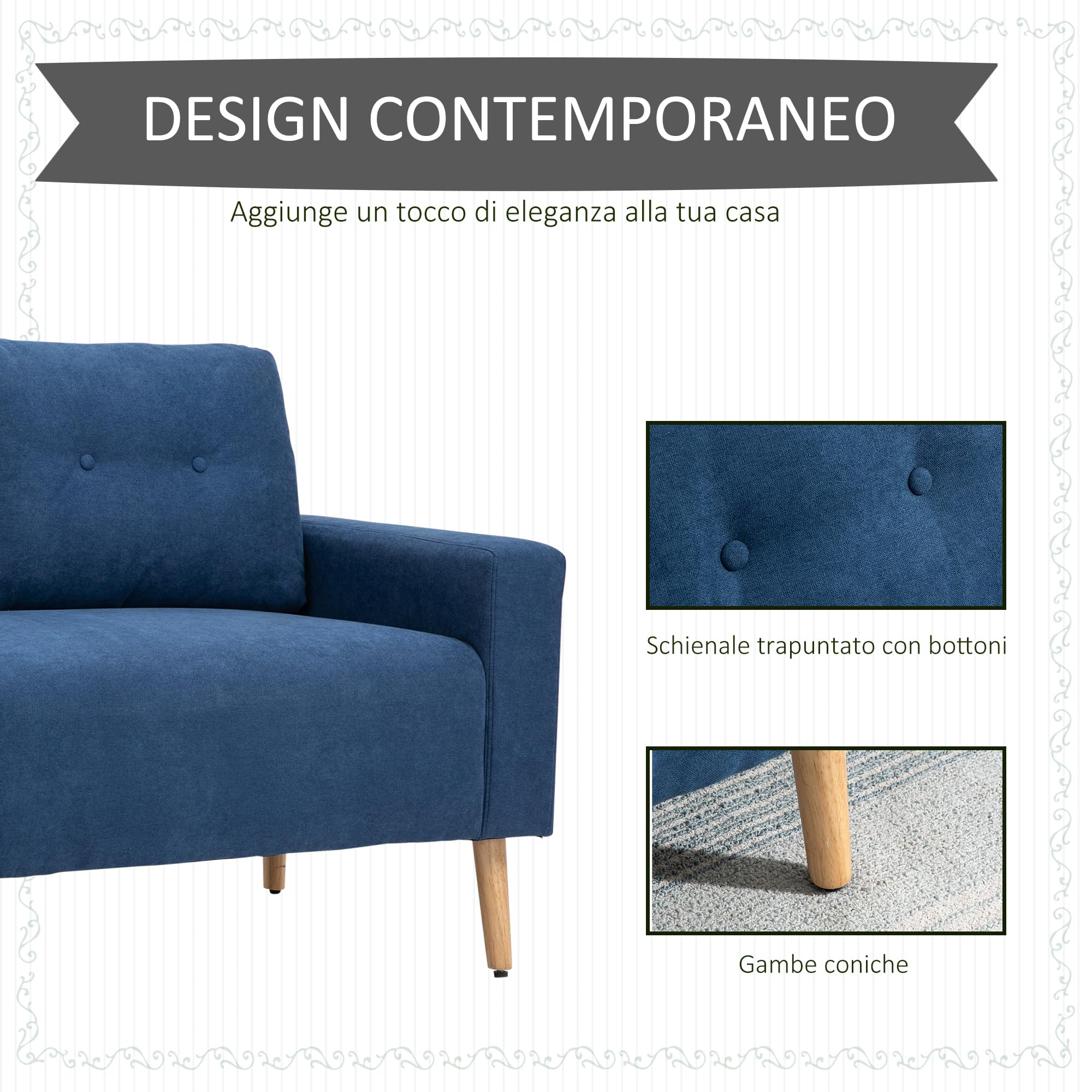 HOMCOM Divano 2 Posti Moderno in Stile Nordico con Schienale Trapuntato, in Poliestere e Legno, 145x76x88 cm, Blu