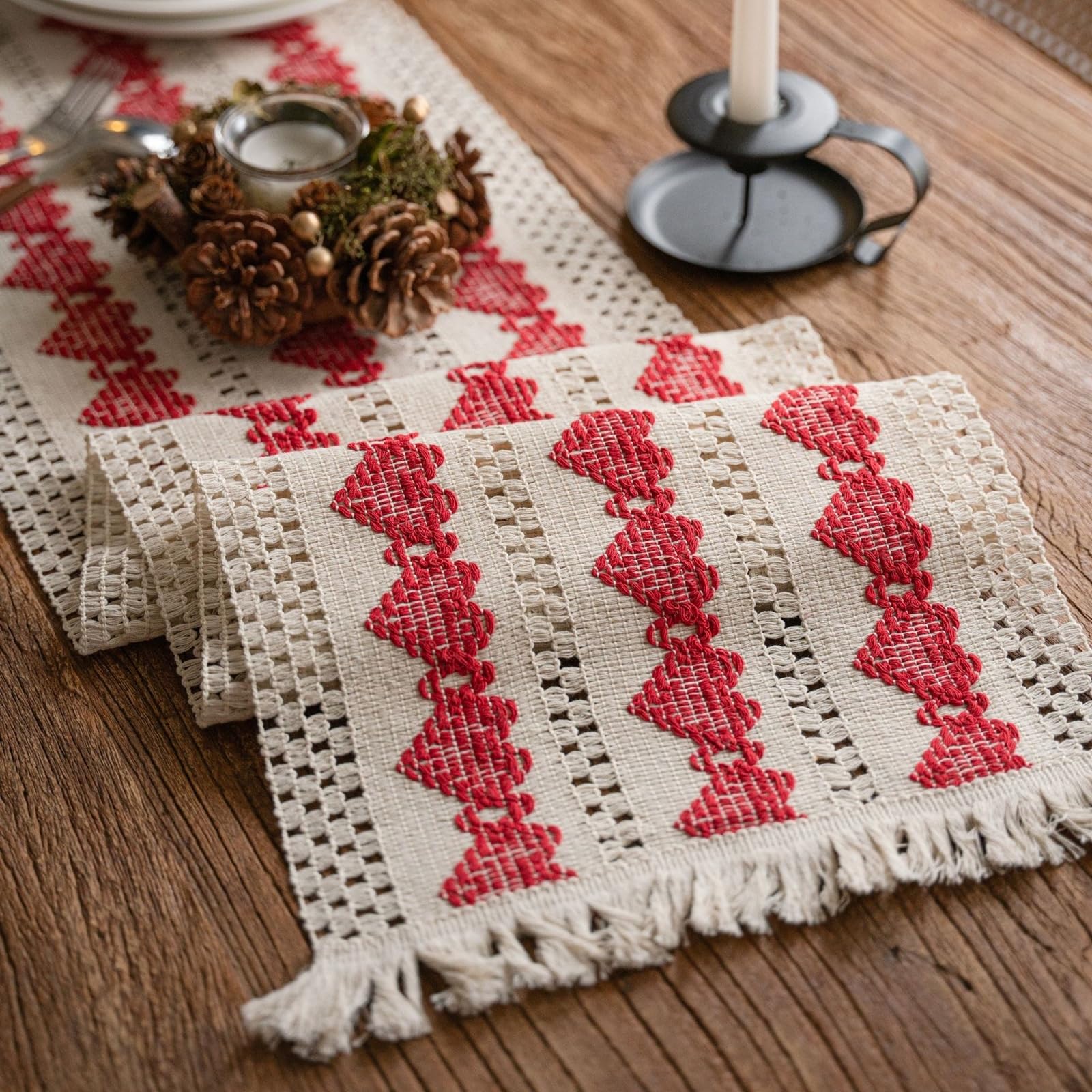 Tischläufer Baumwollleinen Wohnzimmer, Tischläufer Modern 30x275 cm, Gewebtes Rotes Herzmuster mit Quasten