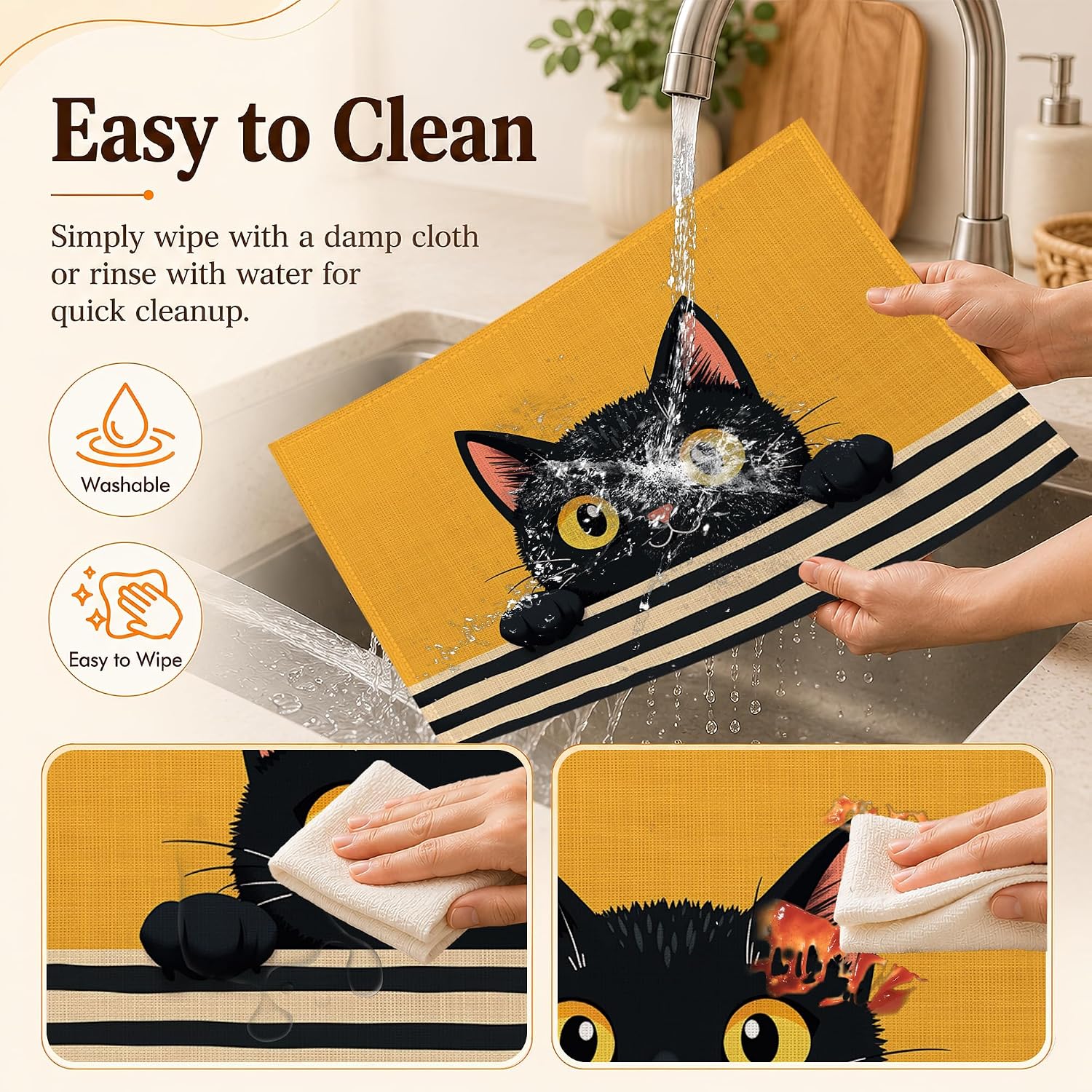Place Mats Set of 6, Funny Black Cat Linen Table Mats 12 x 18 Inch, Washable Waterproof Stain Resistant Heat Resistant Placemats for Dining Table, Kitchen Dining Room Decor, Daily Use