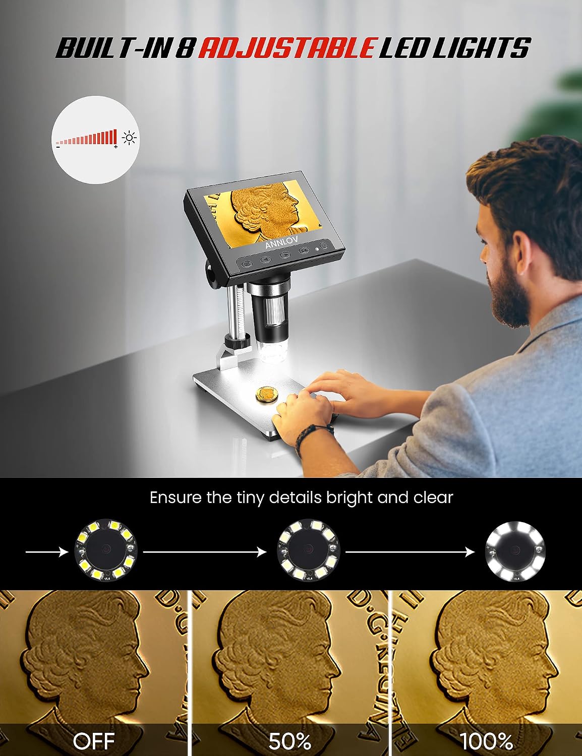 A person adjusting the LED lights on the microscope while observing a coin, with illustrations showing the LED ring at OFF, 50%, and 100% brightness.