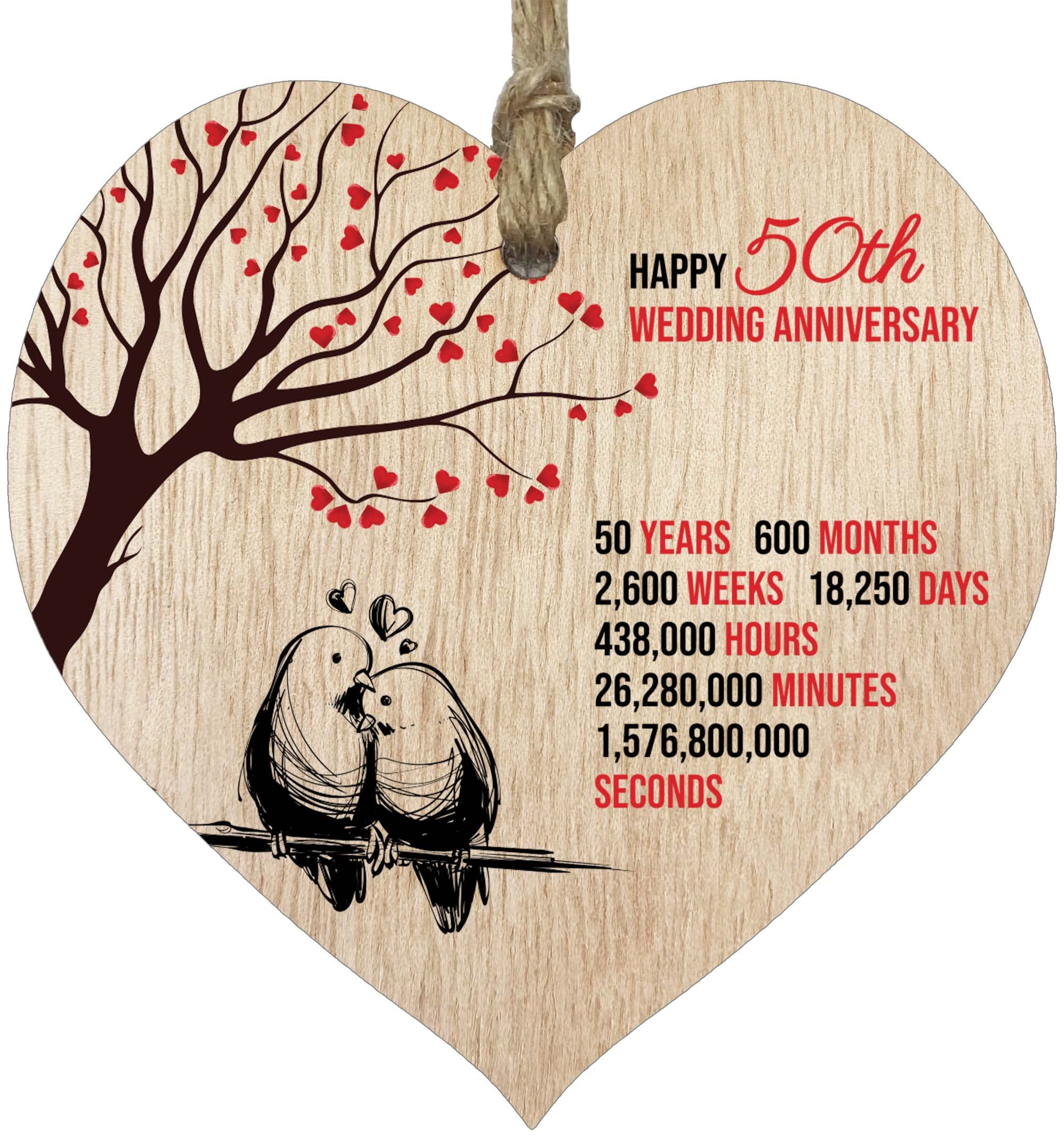 50th Wedding Anniversary Wooden Heart Plaque, Light Wood Sign Keepsake, Celebrate Golden Anniversary Wife Husband Boyfriend Girlfriend, Plaque with Quotes Gifts from the Kids