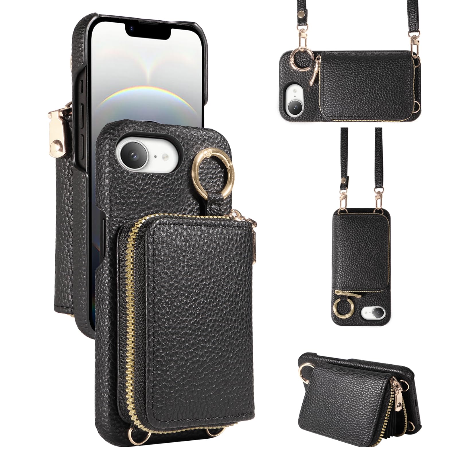 Furiet Wallet Case for iPhone 16e/SE 2025/SE 4 with Shoulder Strap Ring Buckle, Zipper Organ Purse, Credit Card Holder Stand Cell Phone Cover for i