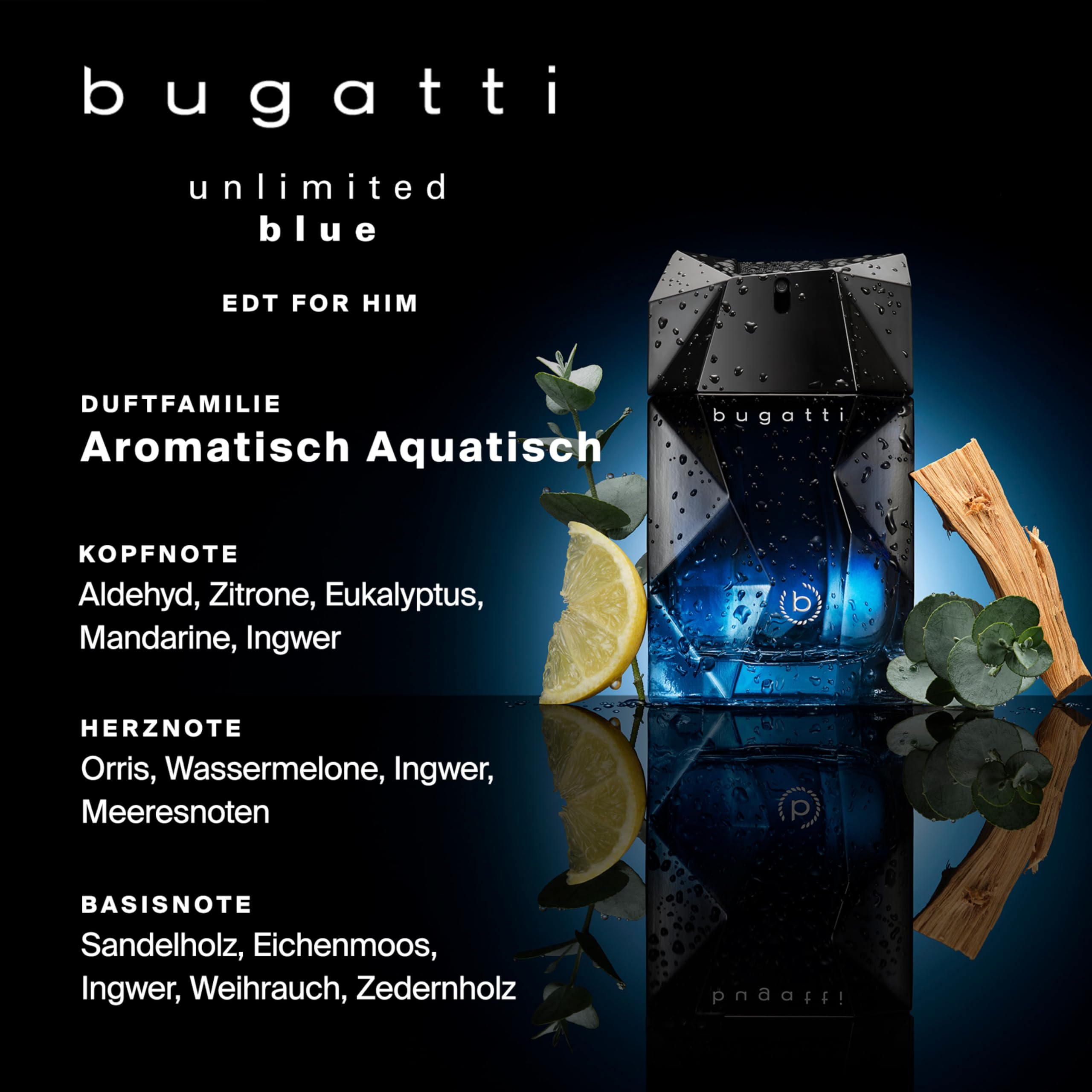 bugatti Parfum pour homme « Unlimited Blue » 100 ml I Eau de toilette pour homme avec citron, pastèque, bois de santal et bois de cèdre I Vivifiant, dynamique et moderne I Parfum aromatique aquatique
