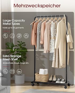 Sakugi Movable Clothes Rail with Shoe Shelf, 72x43x149cm, Black