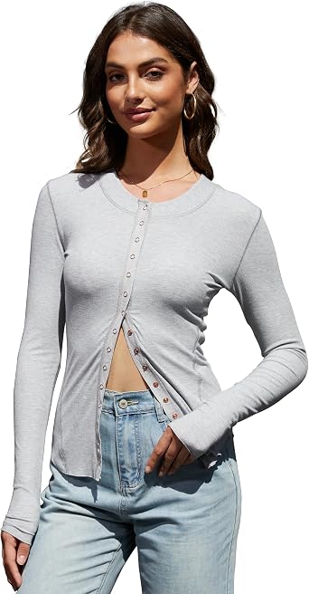 2026 New Cardigan for Women Lightweight Snap Button Down Shirts Ribbed Knit Long Sleeve Tops