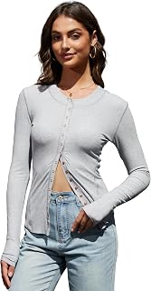 2026 New Cardigan for Women Lightweight Snap Button Down Shirts Ribbed Knit Long Sleeve Tops