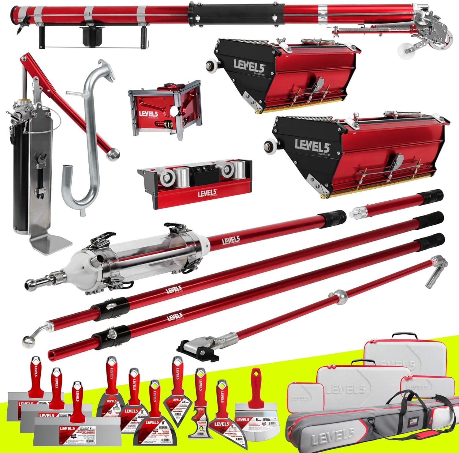 Full Taping & Finishing Set - LEVEL5 | Pro-Grade | 10/12" Mega Flat Boxes,MiniShot, 42" Box Handle, Compound Pump + Filler | Sheetrock Gyprock Wall Board | 4-666