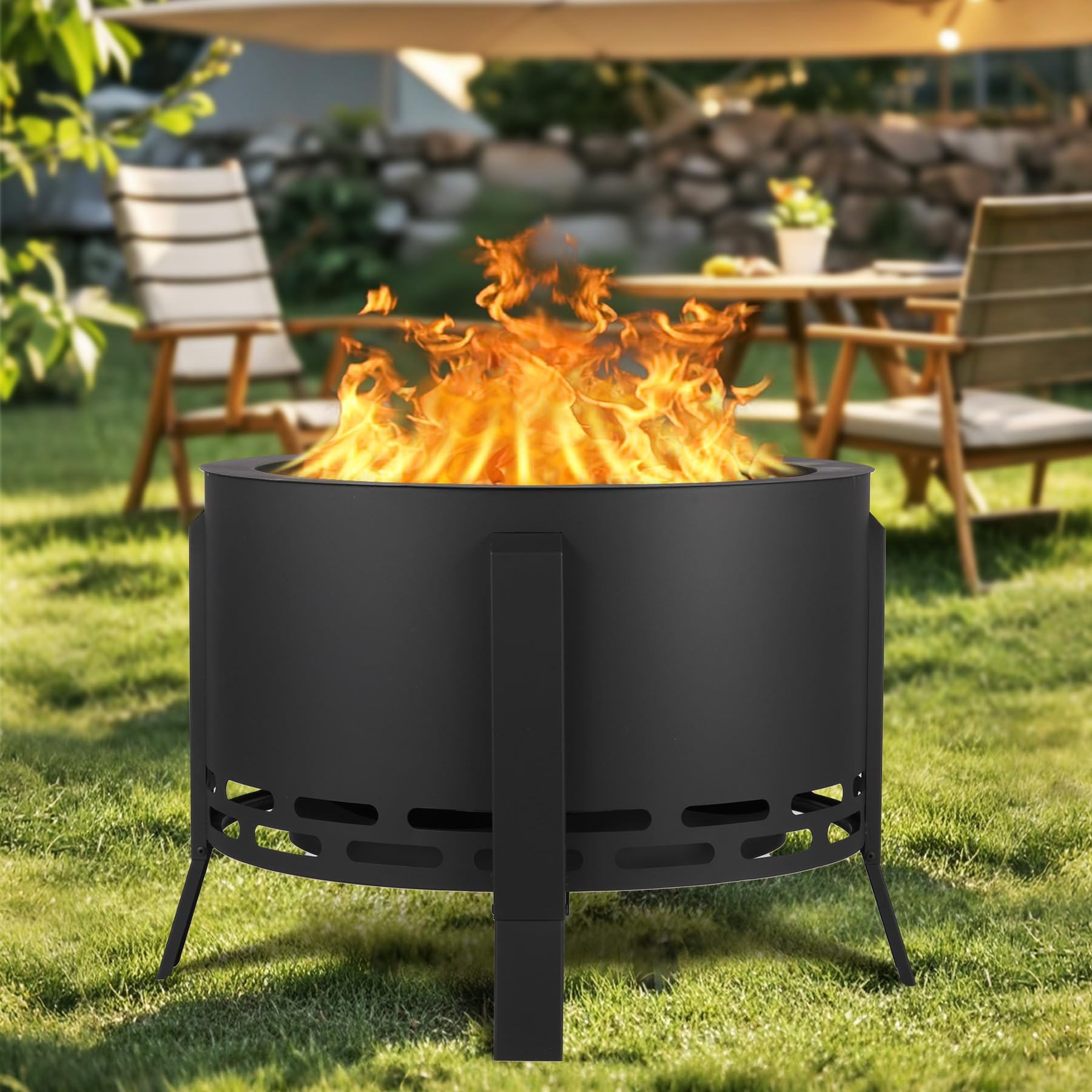 Feuerschale, Ø66cm Feuerkorb mit Staubbeutel, Groß Feuertonne für den Garten mit Schürhaken, Solide und Stabil, Holz & Kohle Feuerstelle inkl Abnehmbare Aschepfanne für Outdoor BBQ Heizung 66x66x51cm