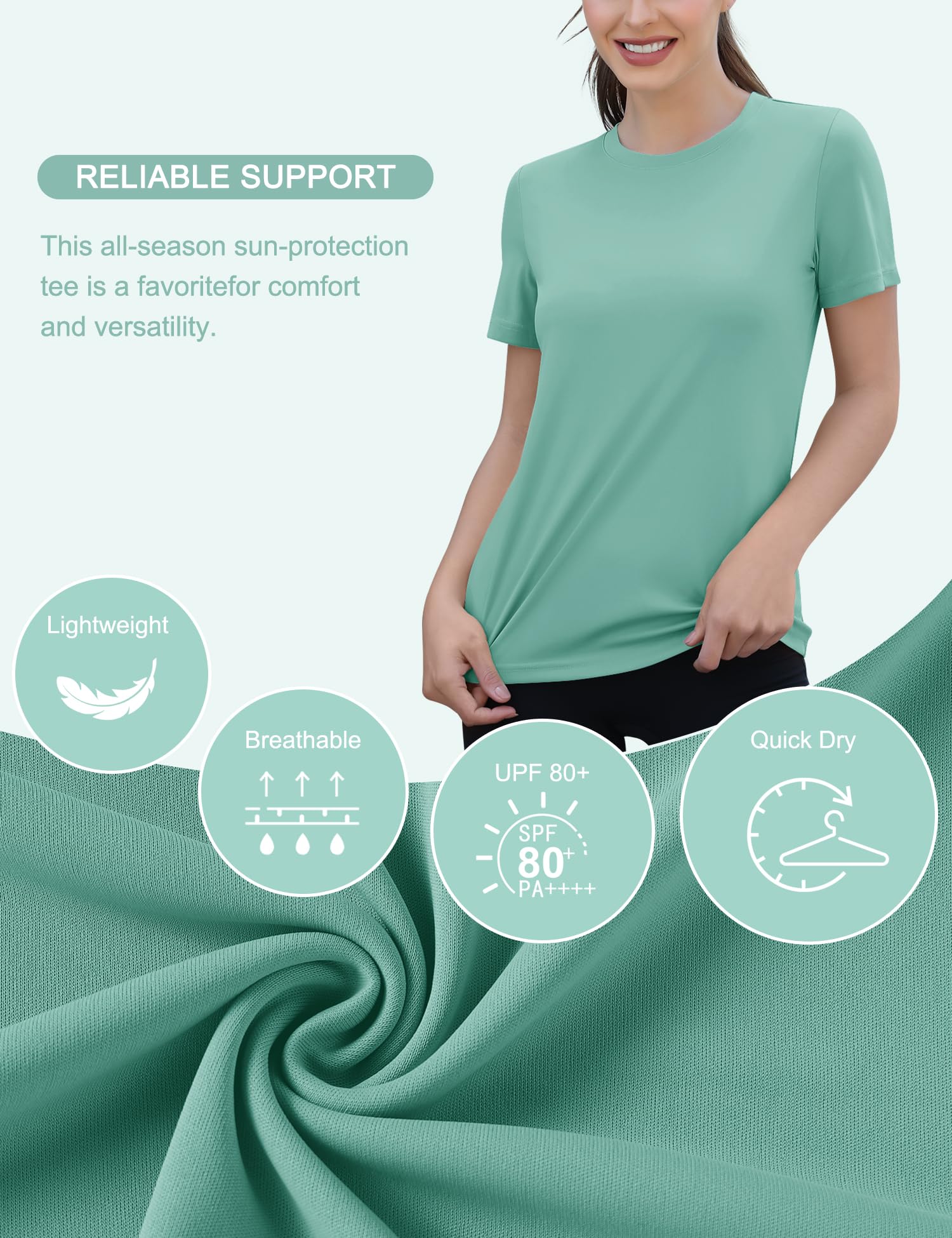 Rapbin Camiseta deportiva para mujer, manga corta, UPF 50+, básica, ligera, transpirable, funcional, deportiva, cuello redondo, camiseta deportiva para mujer, holgada para fitness, camiseta de correr