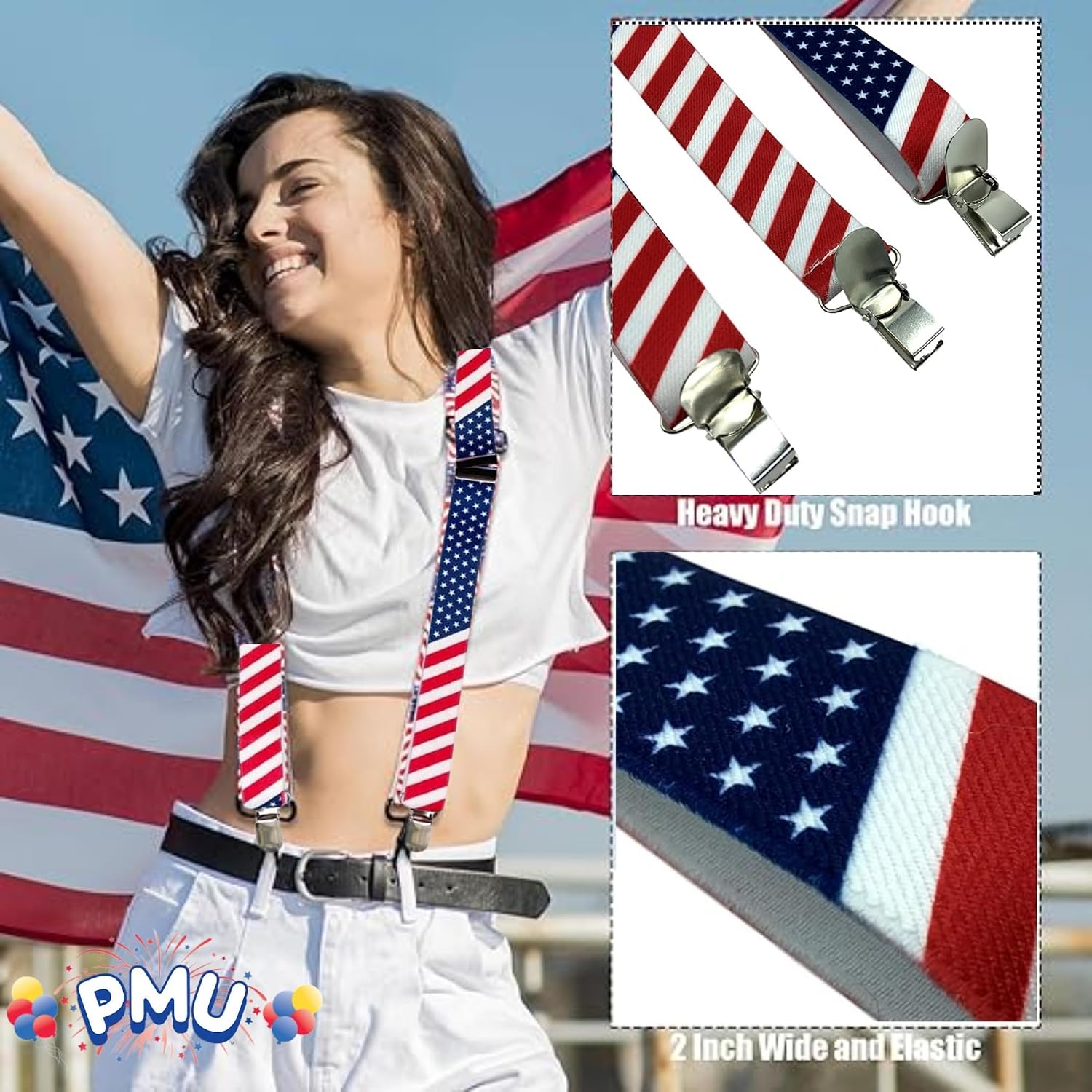 PMU Memorial Day Patriotic Men's Suspenders, Red White & Blue American Flag Design