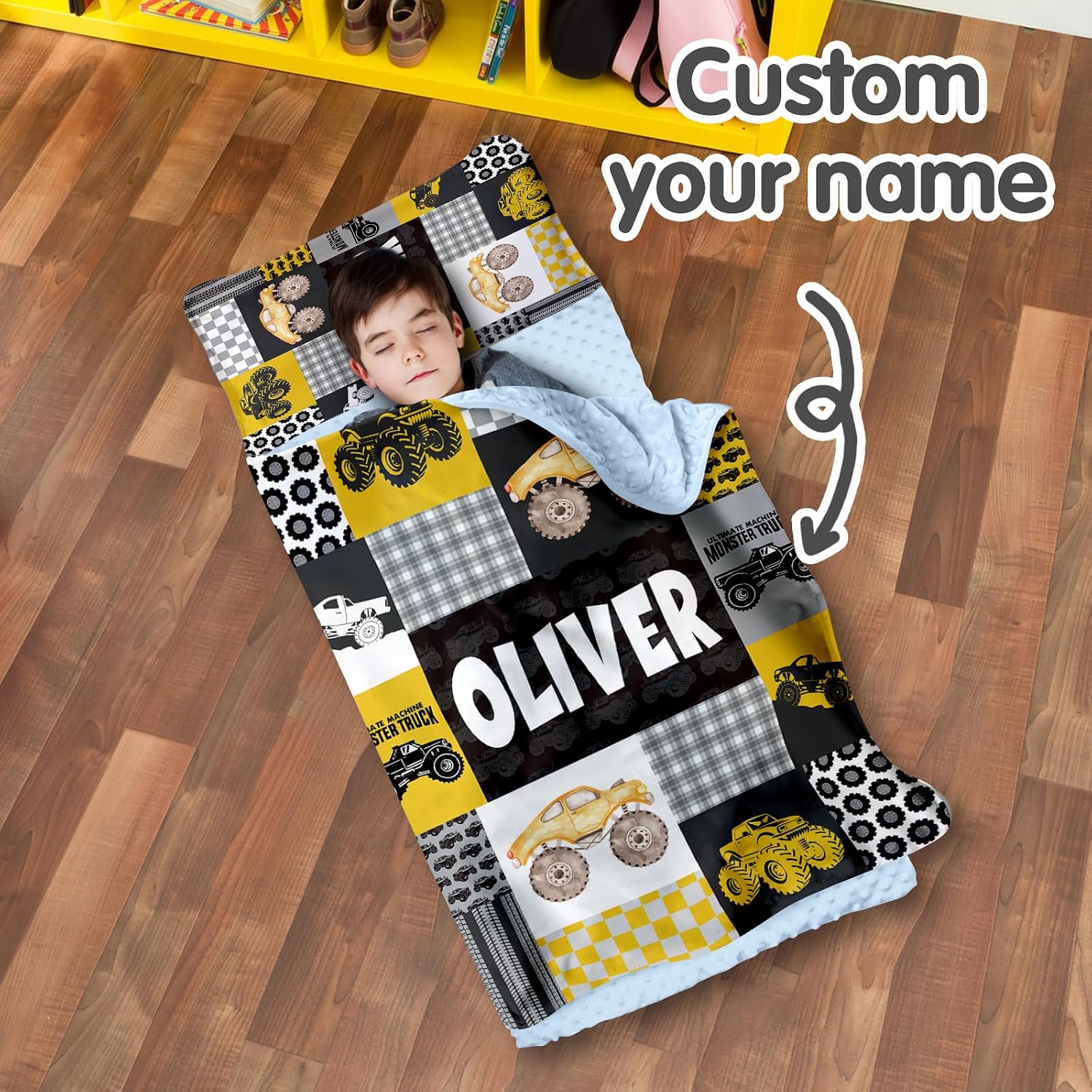 Personalized Name Nap Mat for Toddlers, Custom Car Theme Sleeping Bag with Pillow Case & Blanket for Kids Boys, Slumber Bags for Daycare, Preschool, Kindergarten