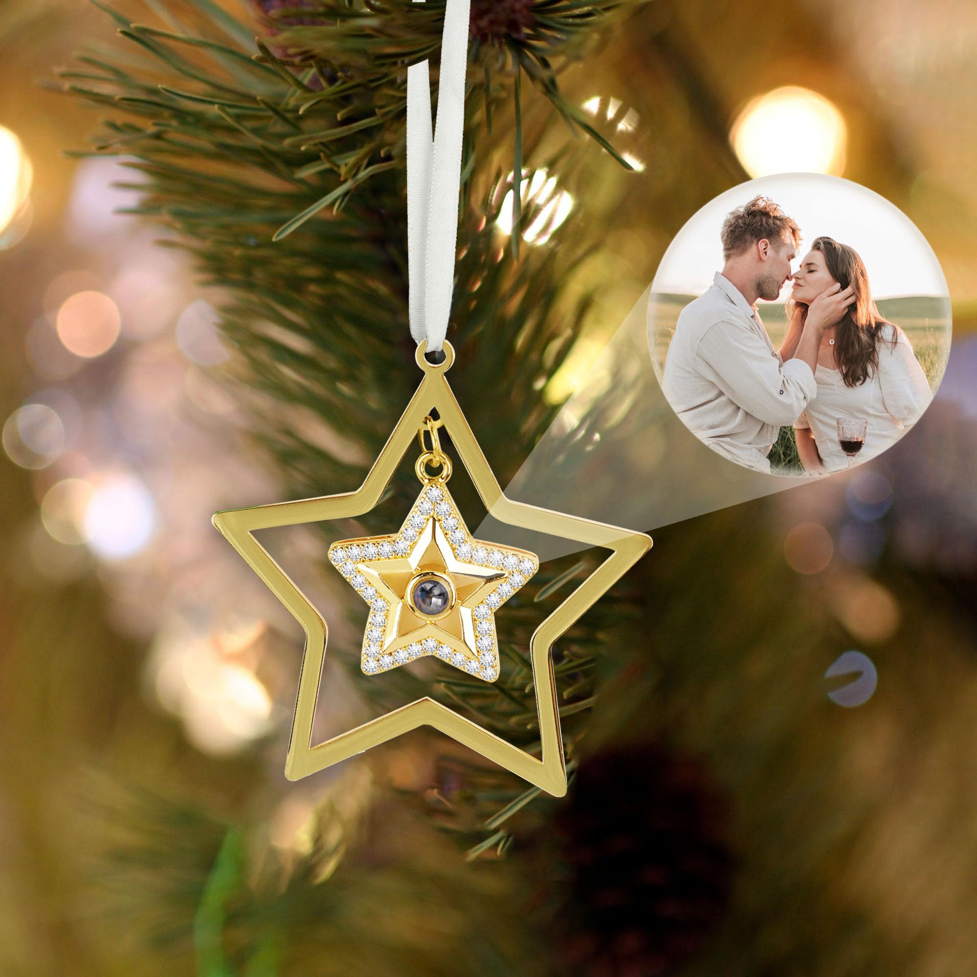Adorno Personalizado con Foto para el árbol de Navidad, Estrella Dorada con Purpurina, Adornos para el árbol de Navidad con Foto en el Interior Colgante de proyección de Foto Decoraciones Colgantes