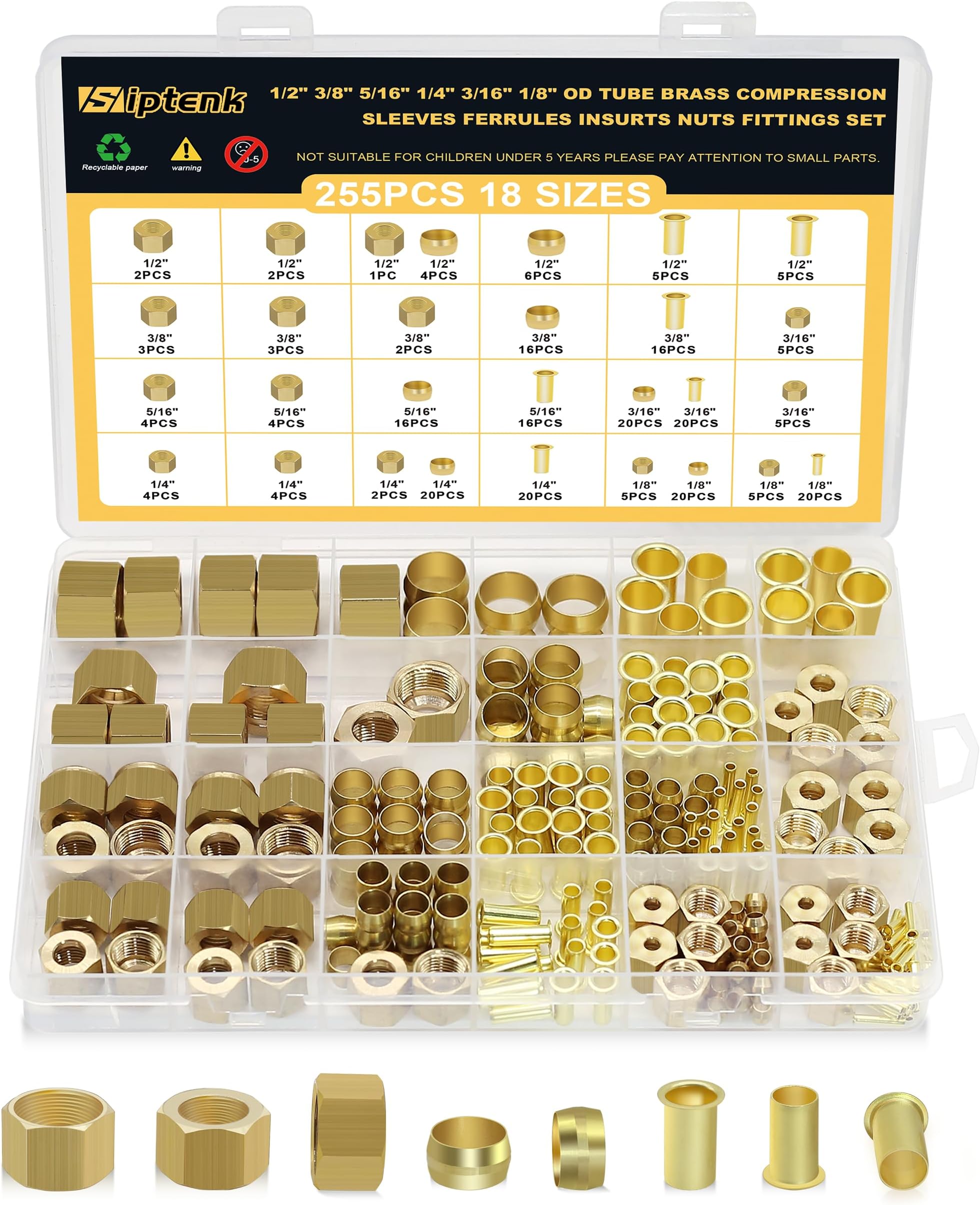 255PCS Brass Compression Sleeves Ferrules Inserts Nuts Fittings for Tube OD 1/2" 3/8" 5/16" 1/4" 3/16" 1/8", 6 Sizes Hose Compression Fitting Brass Ferrule Kit