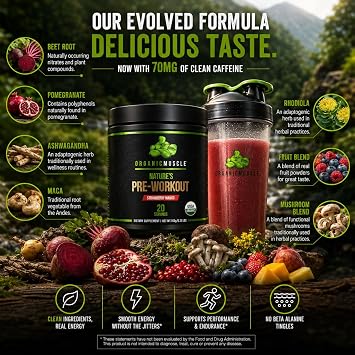 Organic Muscle Pre Workout Powder Strawberry Mango USDA Organic 20 Servings