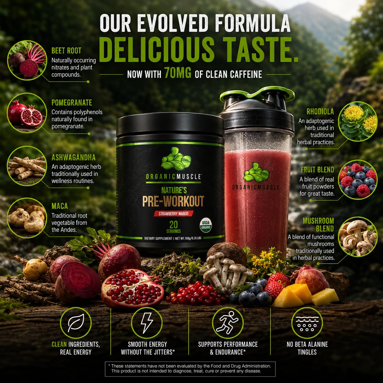 Organic Muscle Pre Workout Powder Strawberry Mango USDA Organic 20 Servings — Amazon image 6