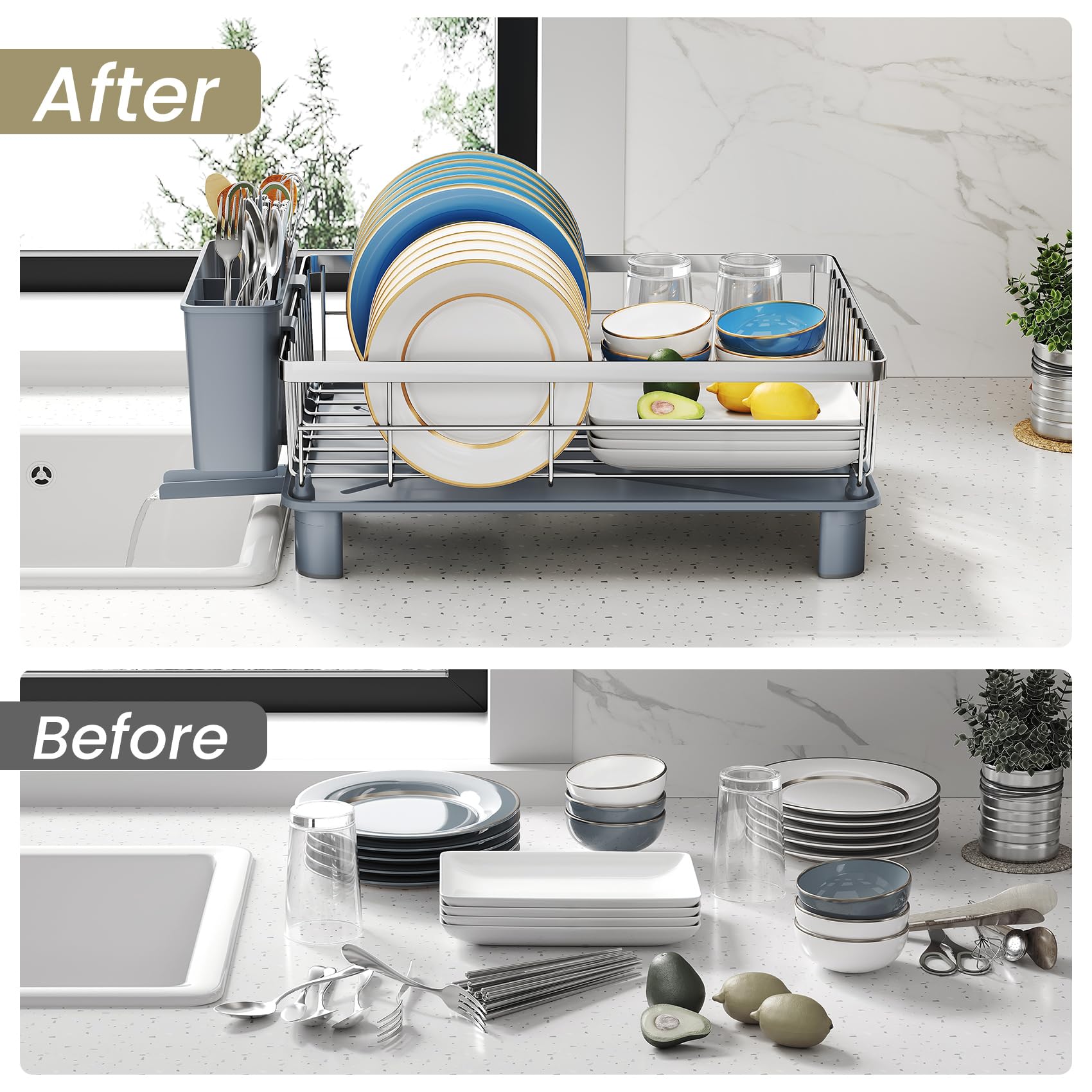 SNTD Égouttoir à vaisselle pour petit comptoir de cuisine, 27,9 cm de large x 38,1 cm de long, argenté | Gain de place, bec rotatif et égouttoir incliné pour un drainage rapide, en acier inoxydable, porte-ustensiles amovible