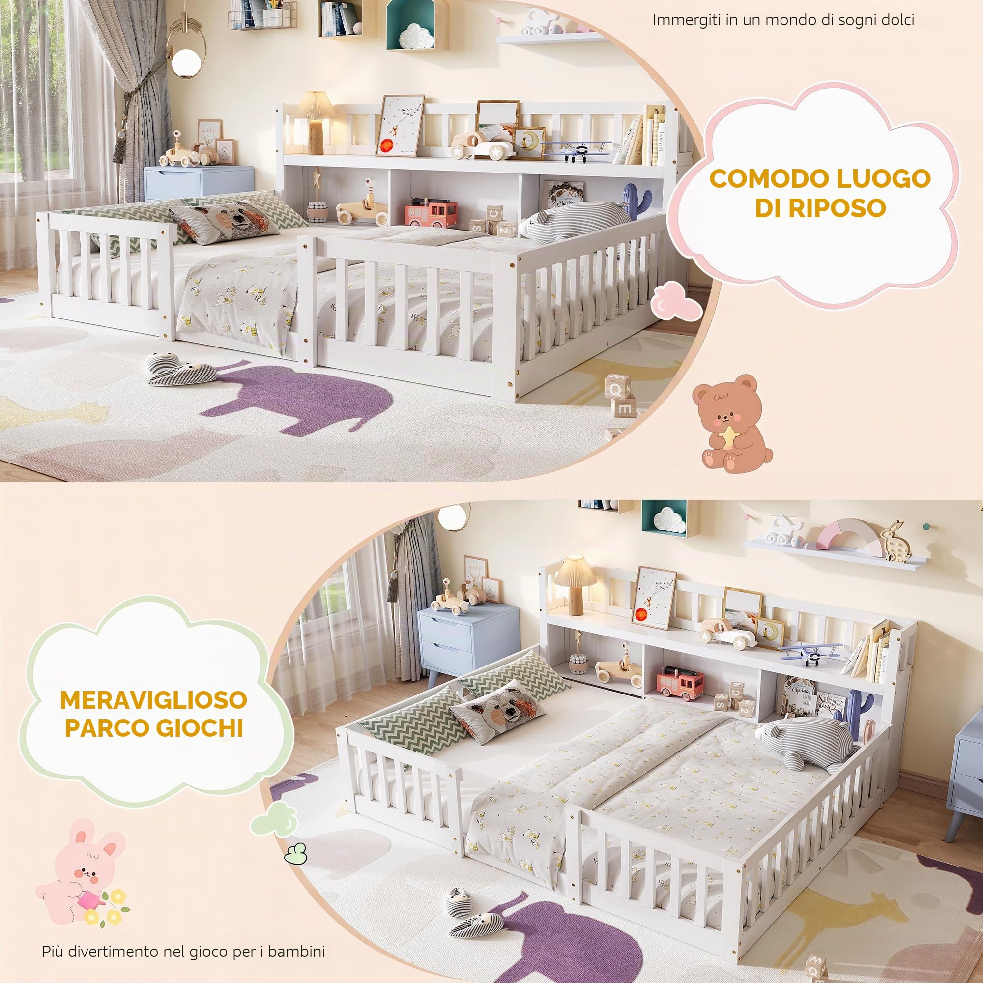 Letto a terra 140x200 con protezione anticaduta e rete a doghe, letto per bambini in legno 140x200 con vano portaoggetti, letto Montessori per bambini, letto matrimoniale letto per ragazzi