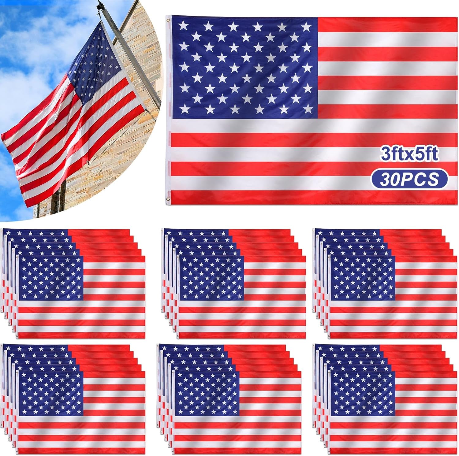 10 Pcs 3x5 ft American Us Flag Bulk, Waterproof USA Polyester Flag with Metal Grommets, Double Stitched and Fade Proof for Indoor and Outdoor, Independence Day Veterans Labor Day Decoration