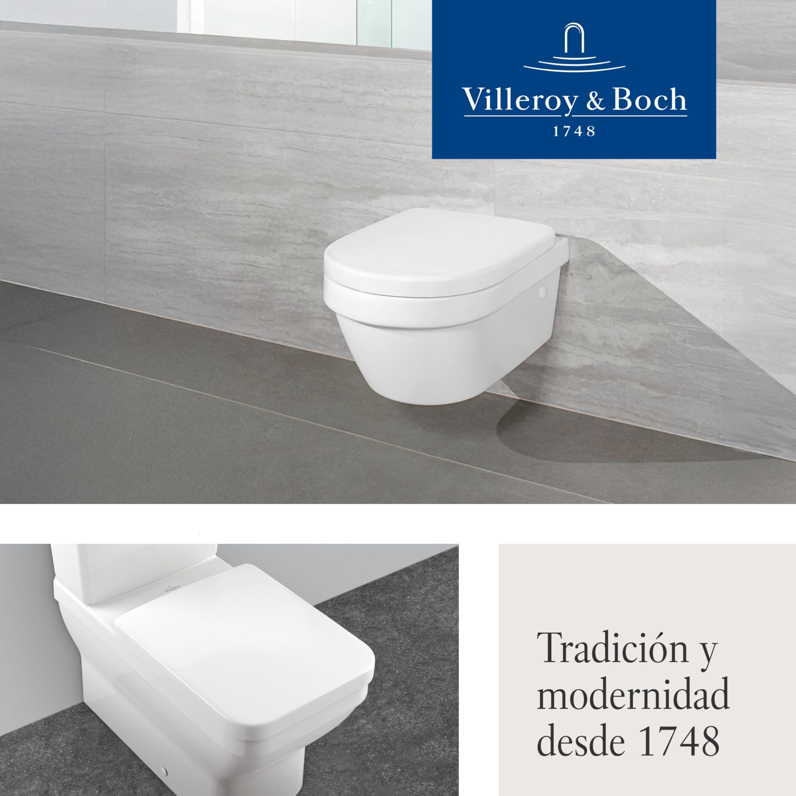 Villeroy & Boch Architectura, asiento de inodoro - Tapa de WC blanco brillante de Duroplast resistente - Aro con bisagras de acero inoxidable - Diseño en forma de D - Recambio original | Bisagras de acero inoxidable, termoestable irrompible, repuesto orig
