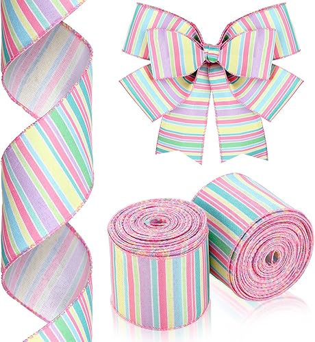 2 rollos de 20 yardas de cinta de borde con cable de resorte, rayas horizontales con borde con cable, cinta de lona a rayas pastel, decoración de