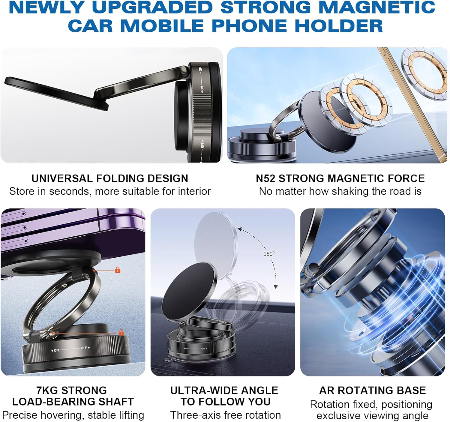 360° Adjustable Vacuum Magnetic Phone Holder, Magnetic Suction Phone Mount,Compatible with All Smartphone Foldable Saving Space and Multi - Scene Use (2Pcs Black) - Image 3
