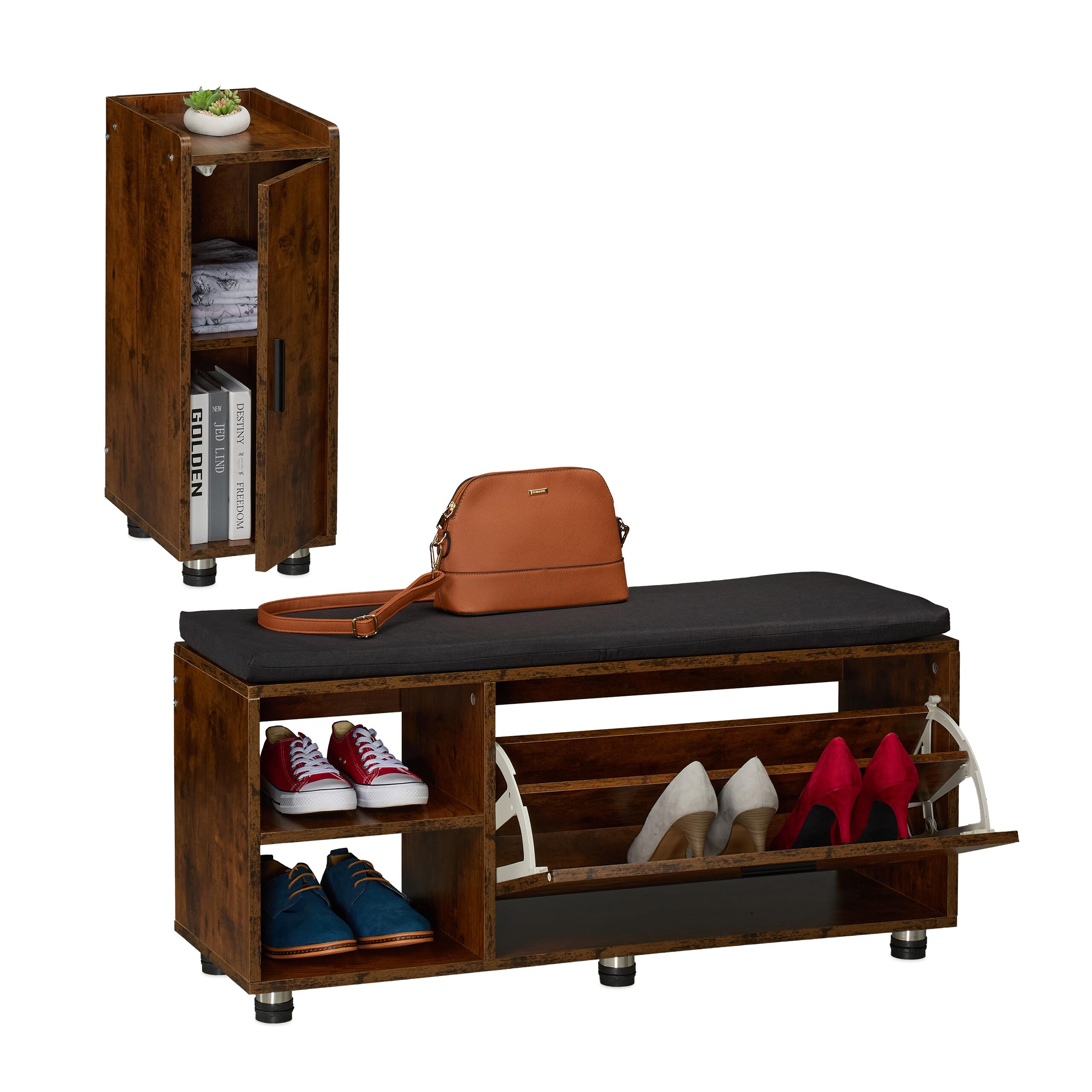 Relaxdays Banco Zapatero con Asiento y Armario, Set de 2, Banqueta para Pasillo, Dormitorio, Espacio Almacenaje, Negro