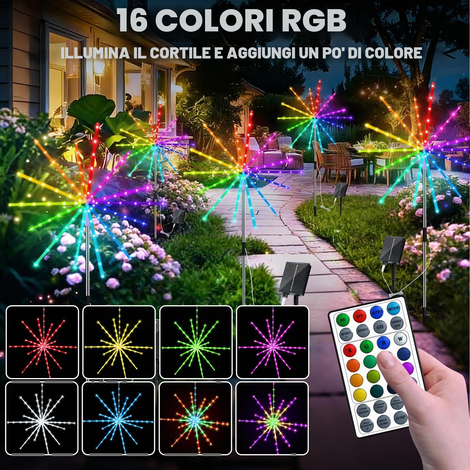 2500mAh Luci Solari da Giardino per Esterni, 9 Colori 16 Modi Fuochi d'artificio da Giardino Esterno, 2 Pz Wasserdichte Luci Solari da Giardino für den garten,Feste, Matrimoni e feste Deco