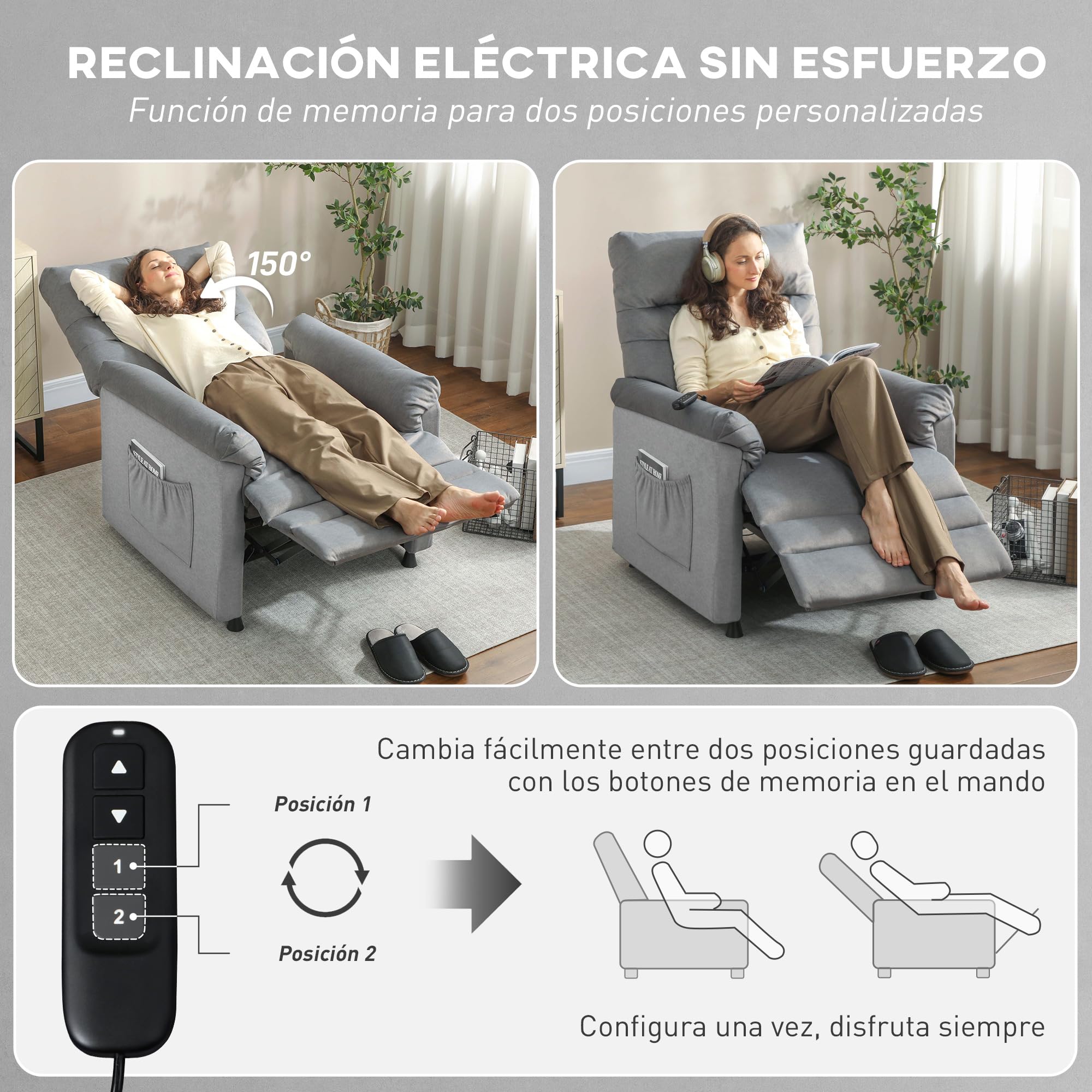 HOMCOM Sillón Relax Reclinable Eléctrico, con Calor Lumbar y Masaje Vibración, Sillón Masaje Relax, Motor Silencioso, Función de Memoria, Bolsillos, Control Remoto con USB, Tejido Pet-Friendly, Gris