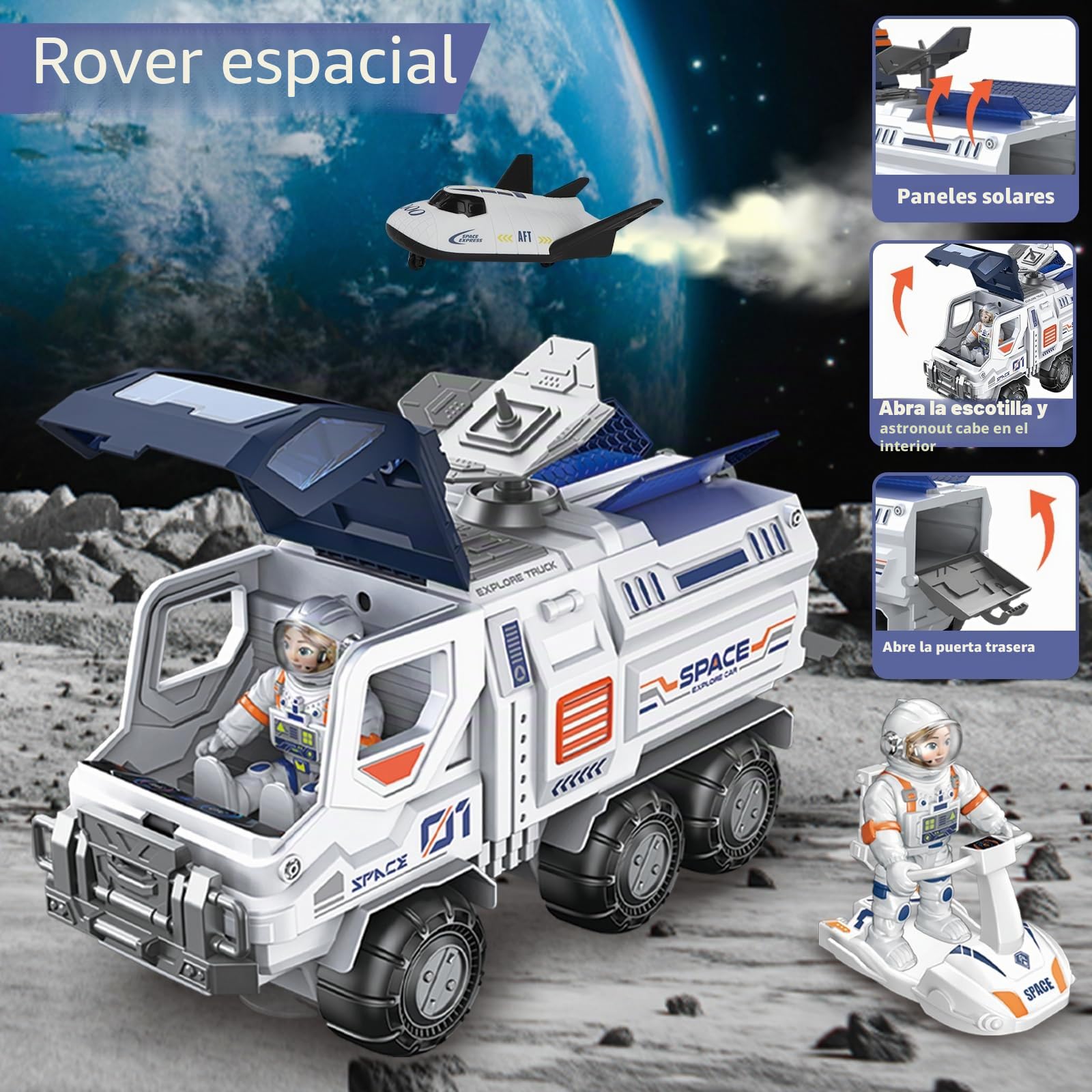 deAO Cohete Espacial Juguete para Niños, Juguetes de Transbordador Espacial | Luces y Sonidos y Humo, Nave Espacial, Vehículo Explorador, 2 Astronautas, 60*80 CM Tapete, Regalo para Niños de 3+ Años