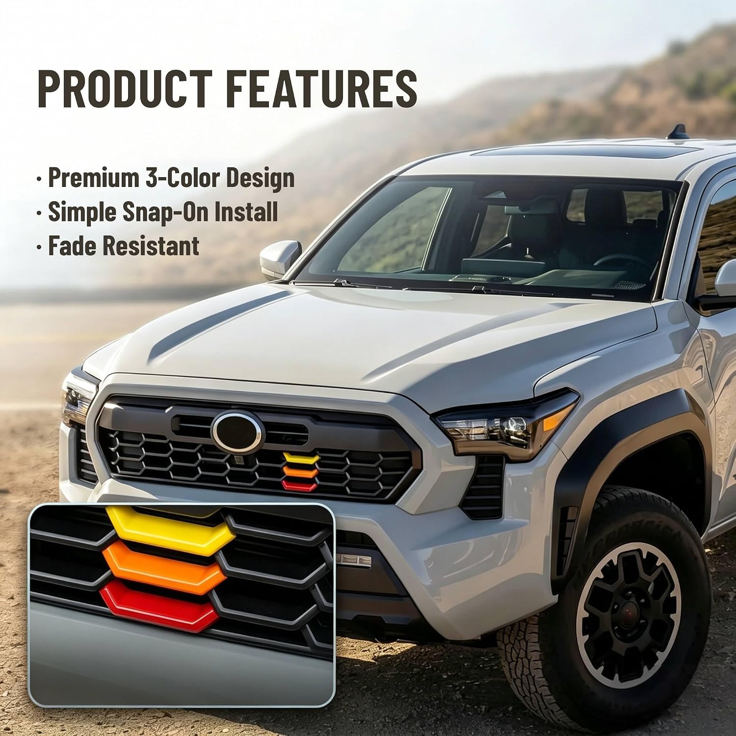 Tri-Color Front Grille Insert Trims, Grille Decor Badge Emblem Compatible with 2024 2025 2026 Toyota Tacoma TRD Off-Road, PreRunner, Sport