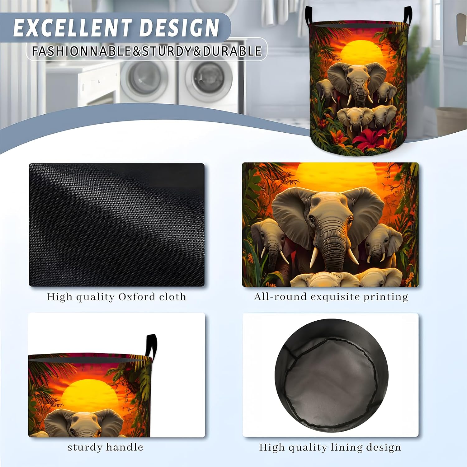 Elephant Laundry Basket, Jungle Animal Sunset Nature Storage Hamper, Round Collapsible Waterproof Cloth Bin, 19.7x15.7 Inch Tropical Clothes Organizer Gifts for Bathroom Decor image 5