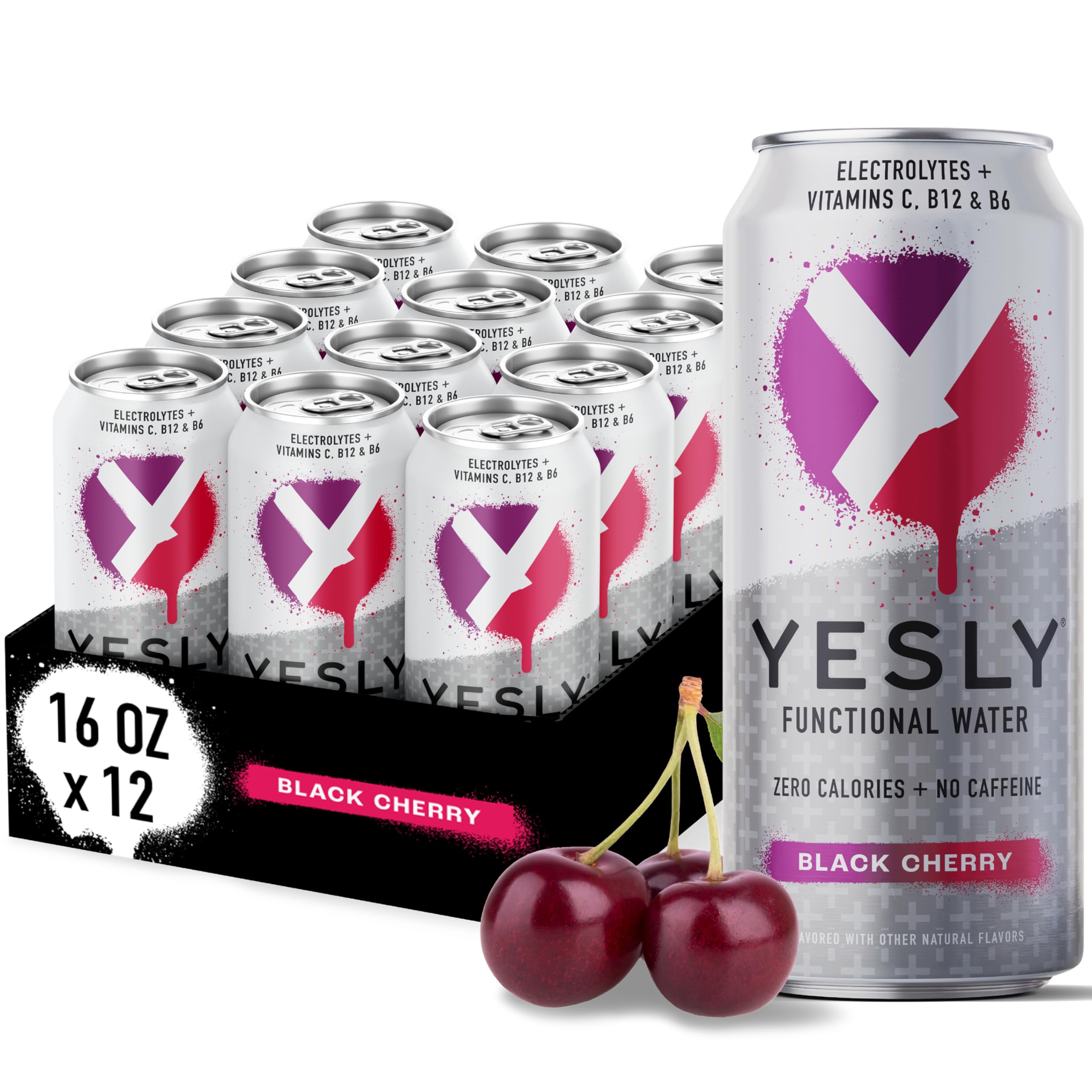 Yesly Functional Water, Black Cherry, Naturally Flavored Still Water with Electrolytes, Magnesium, Potassium, Vitamin C, B6 & B12, Zero Sugar, No Artificial Sweeteners, 16 Fl Oz Cans, 12 Pack