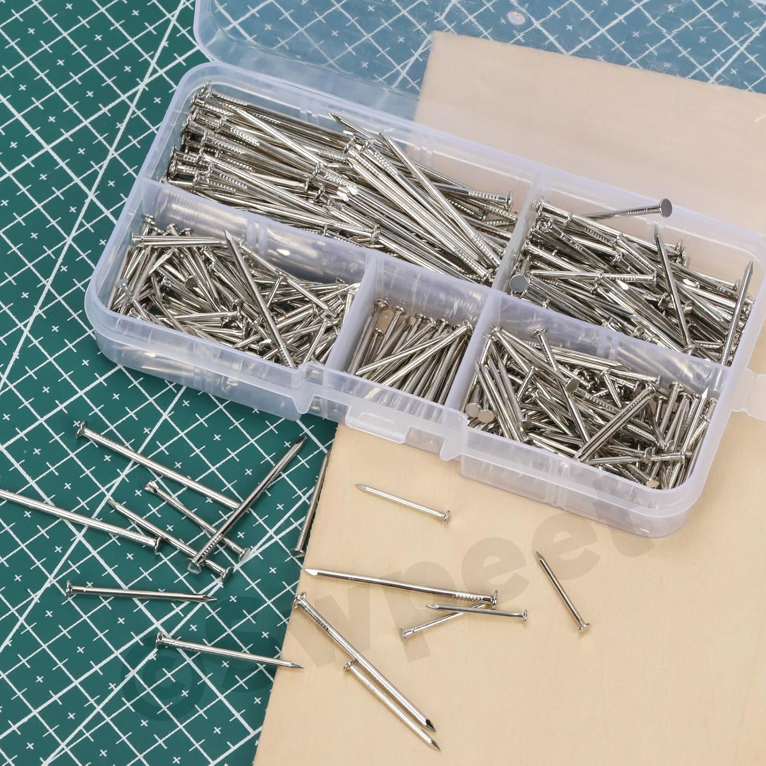 Swpeet 900Pcs 4 Sizes Hardware Nails Assortment Kit, Silver Galvanized Nails, Small Nails, Pin Nails, Finishing Nails, Nails for Hanging, Wall Nails for Hanging Pictures