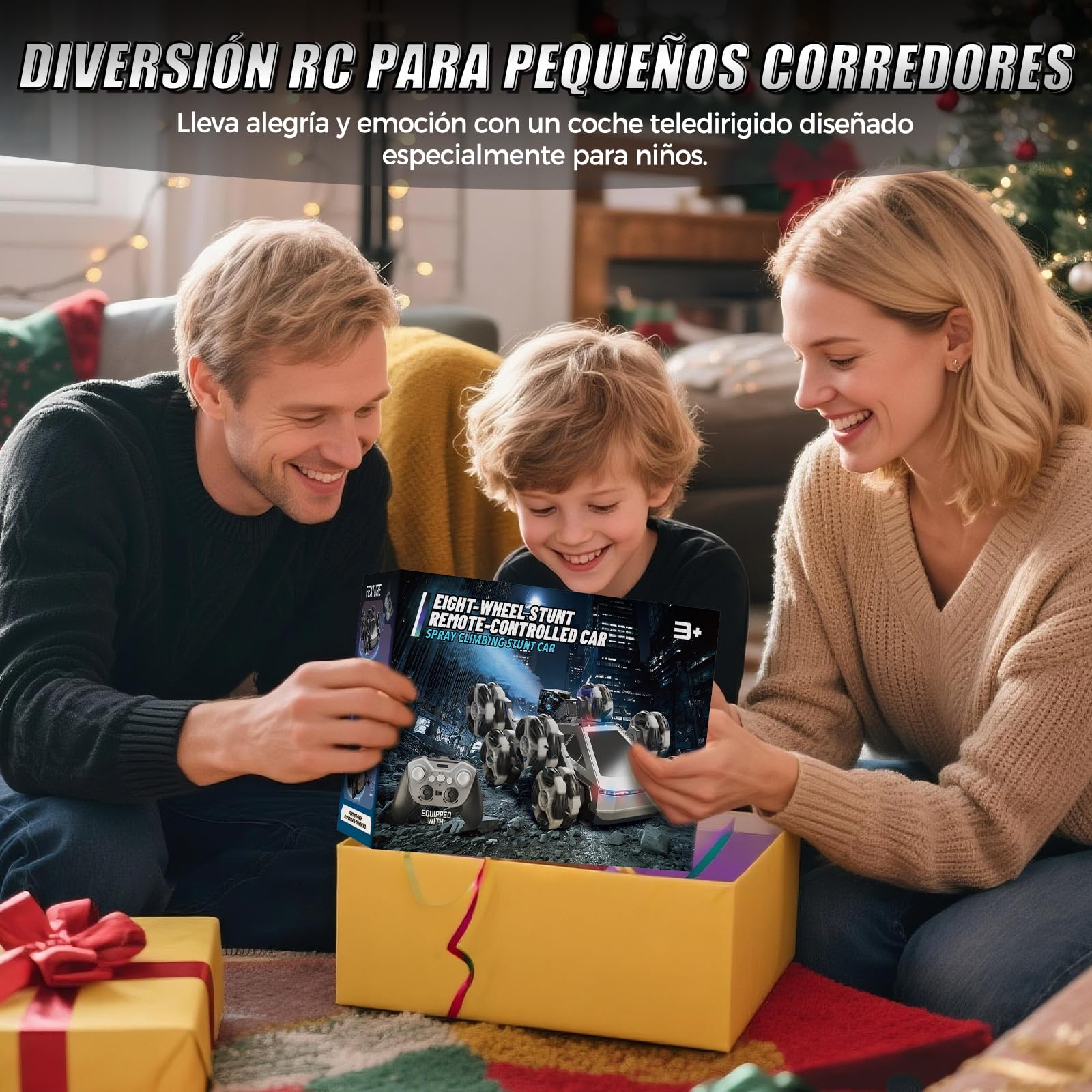 Coche Teledirigido RC Acrobático 8 Ruedas, Vehículo Todoterreno con Mando a Distancia & Control Manual, Luces LED, Música, Spray, Juguete para Niños 5-11 Años, Regalo Cumpleaños, Navidad y Reyes Magos
