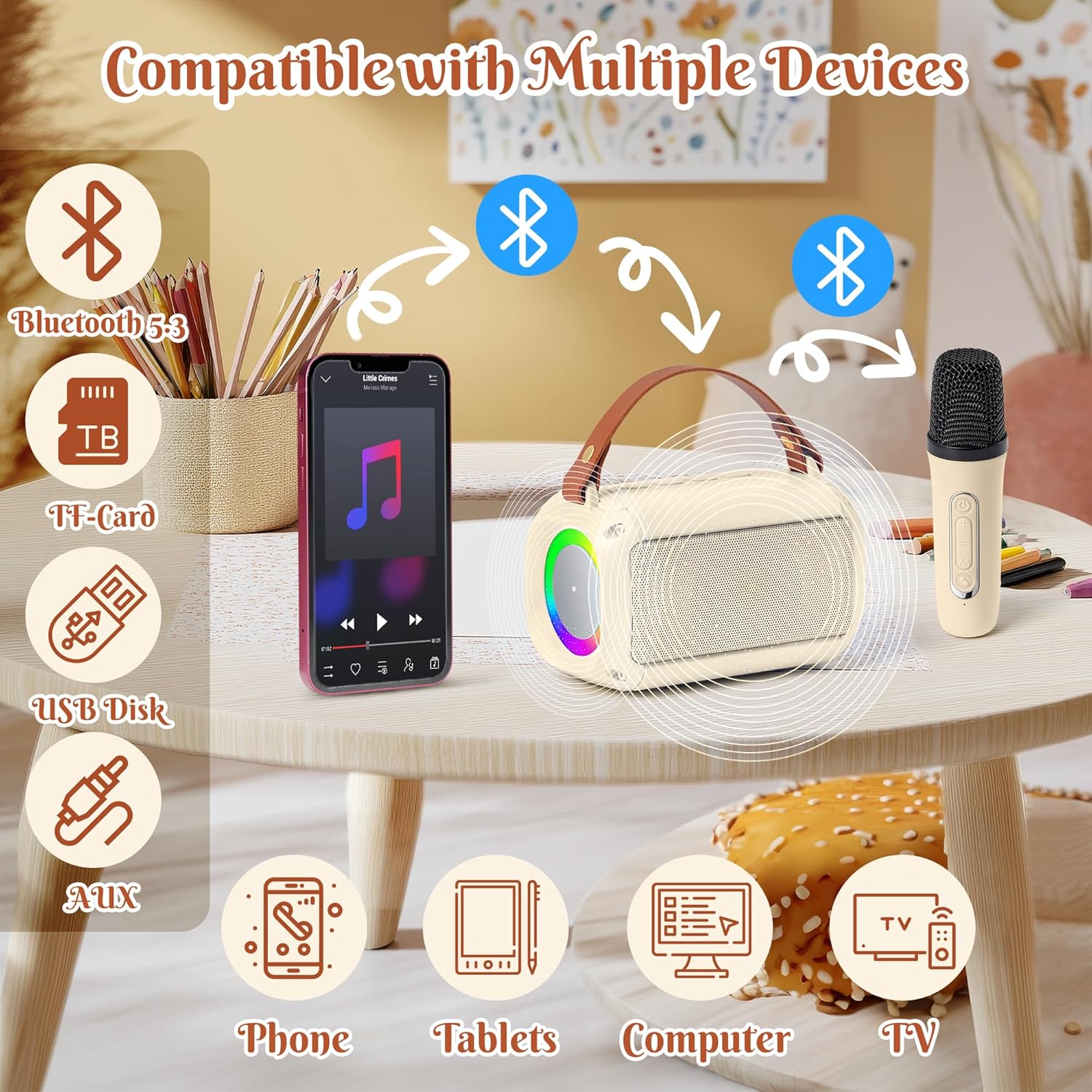MALLMALL6 Mini Karaoke Machine with 2 Wireless Microphone for Kids Portable Bluetooth 5.3 Karaoke Mic LED Color Lights Speaker Christmas Birthday Family Home Party Toys Gift for Boys Girls Beige - Image 5