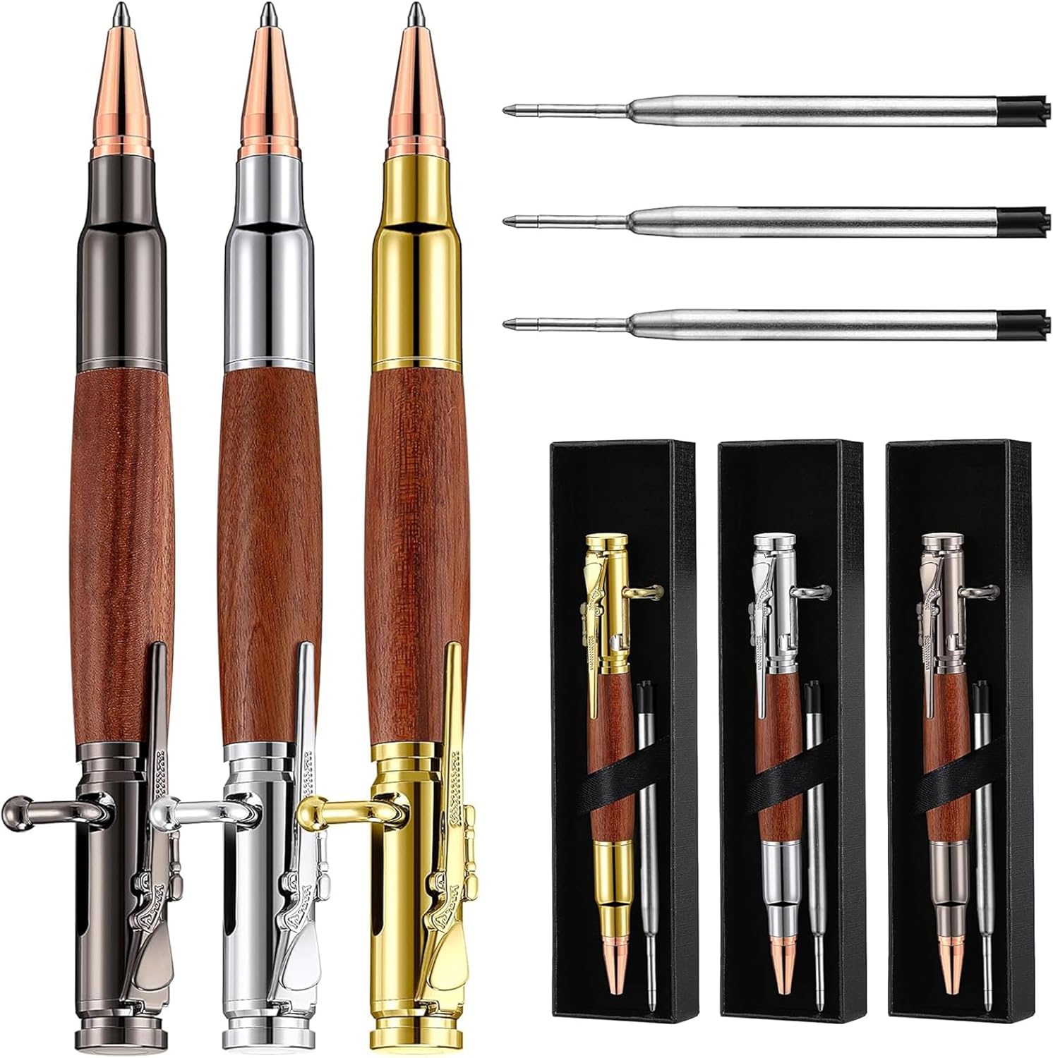 3 Sets Bullet Pens, Bolt Action Pen Black Ink Rifle Pen Wood Ballpoint with Gift Box for Thanksgiving Christmas Father's Day Gifts Gold, Silver, Grey
