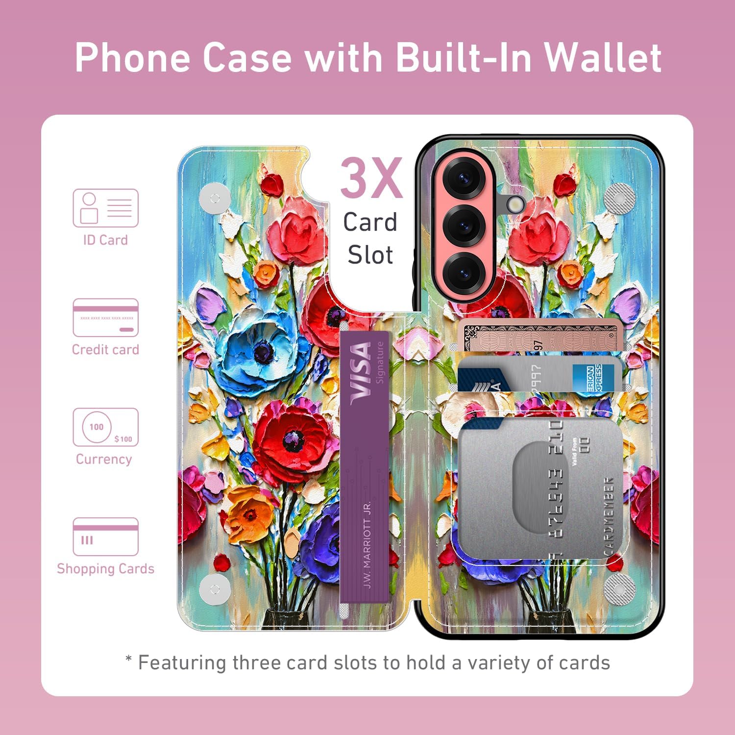FUNMIKO for Samsung Galaxy S25 Wallet Case with Card Holder, RFID-Blocking, Military-Grade Protection & Floral Animal Design, Magnetic Closure with Leather Kickstand - Abstract Flowers - Image 2