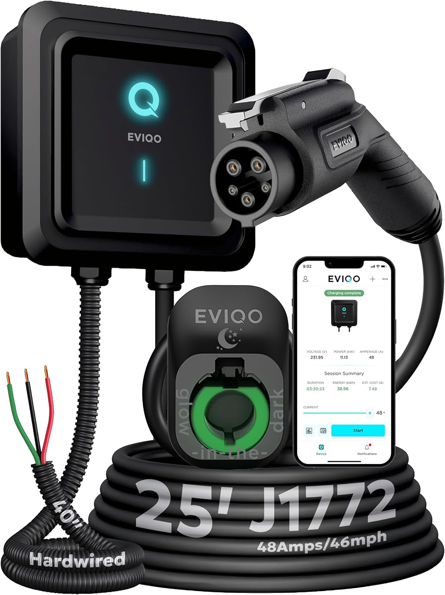 Cargador EV nivel 2 J1772 48A - Estación de carga de pared cableada de 240 V | hasta 50 mph, cable de 25 pies, WiFi mejorado (2,4 GHz), aplicación inteligente, resistente a la intemperie para interiores y exteriores (IP66, NEMA 4), certificación UL y ETL