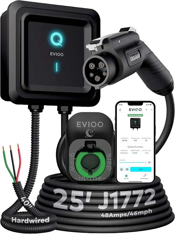 Cargador EV nivel 2 J1772 48A - Estación de carga de pared cableada de 240 V | hasta 50 mph, cable de 25 pies, WiFi mejorado (2,4 GHz), aplicación inteligente, resistente a la intemperie para interiores y exteriores (IP66, NEMA 4), certificación UL y ETL