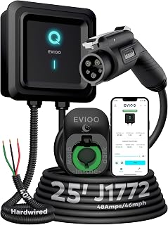 EVIQO Level 2 EV Charger J1772 48A - Hardwired 240V Wall Charging Station | up to 50 mph, 25ft Cable, Enhanced WiFi (2.4GHz), Smart App, Weatherproof Indoor/Outdoor (IP66, NEMA 4), UL & ETL Certified