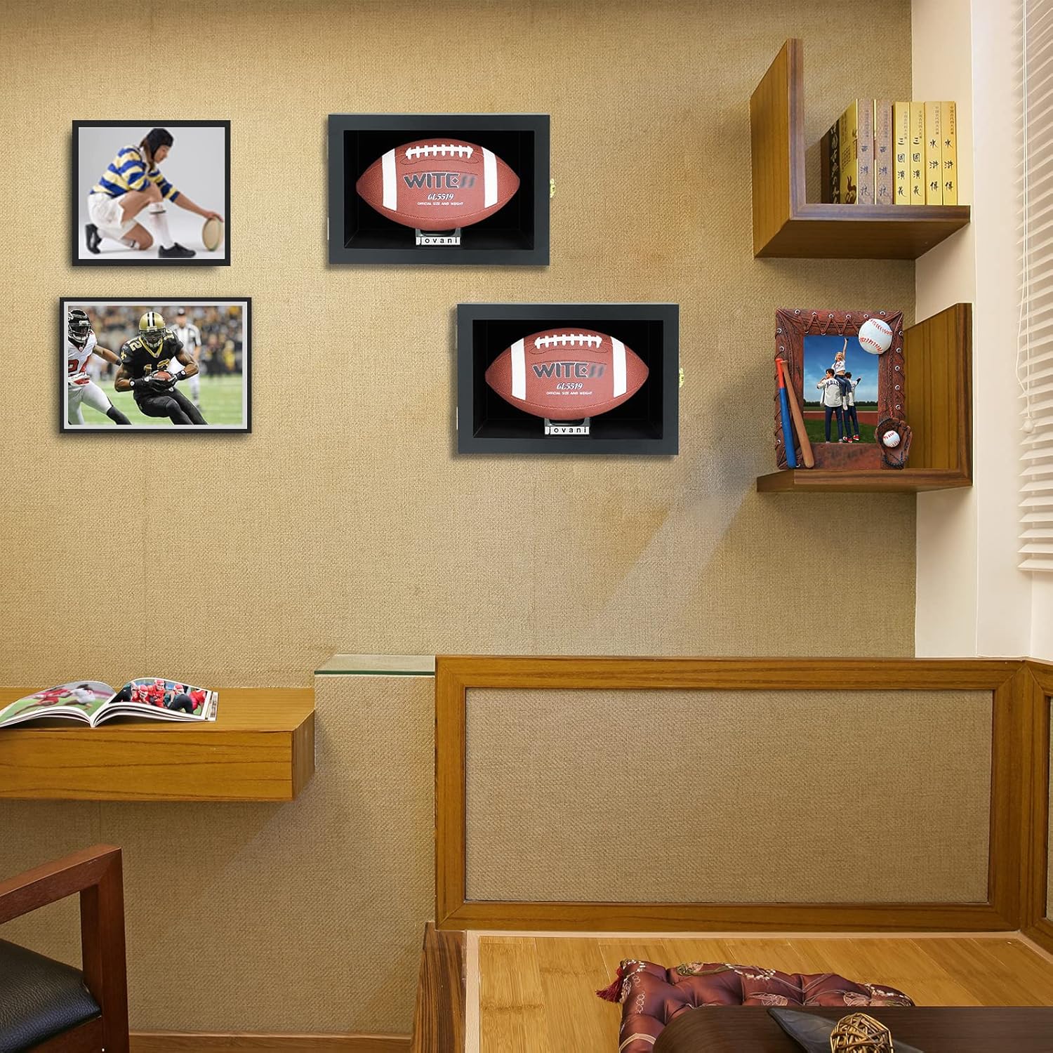 JOVANI Football Display Case Wall Mount Lockable Anti Fade Wood Holders Display Nameplate for Full Size Memorabilia Football w/98% UV Acrylic Door Stand-Sigle Ball