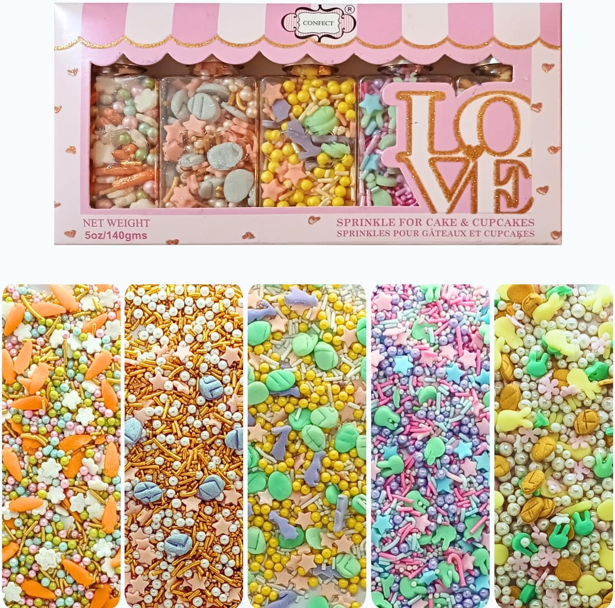 - Confect Easter Sprinkles – Pack of 5 | White, Pink & Gold Pearls with Vermicelli, Bunny & Star Sprinkles | Edible Sprinkle for Cake & Cupcake Decorating | Vegan, Gluten-Free, Nut-Free, Soy-Free- 140 Gms