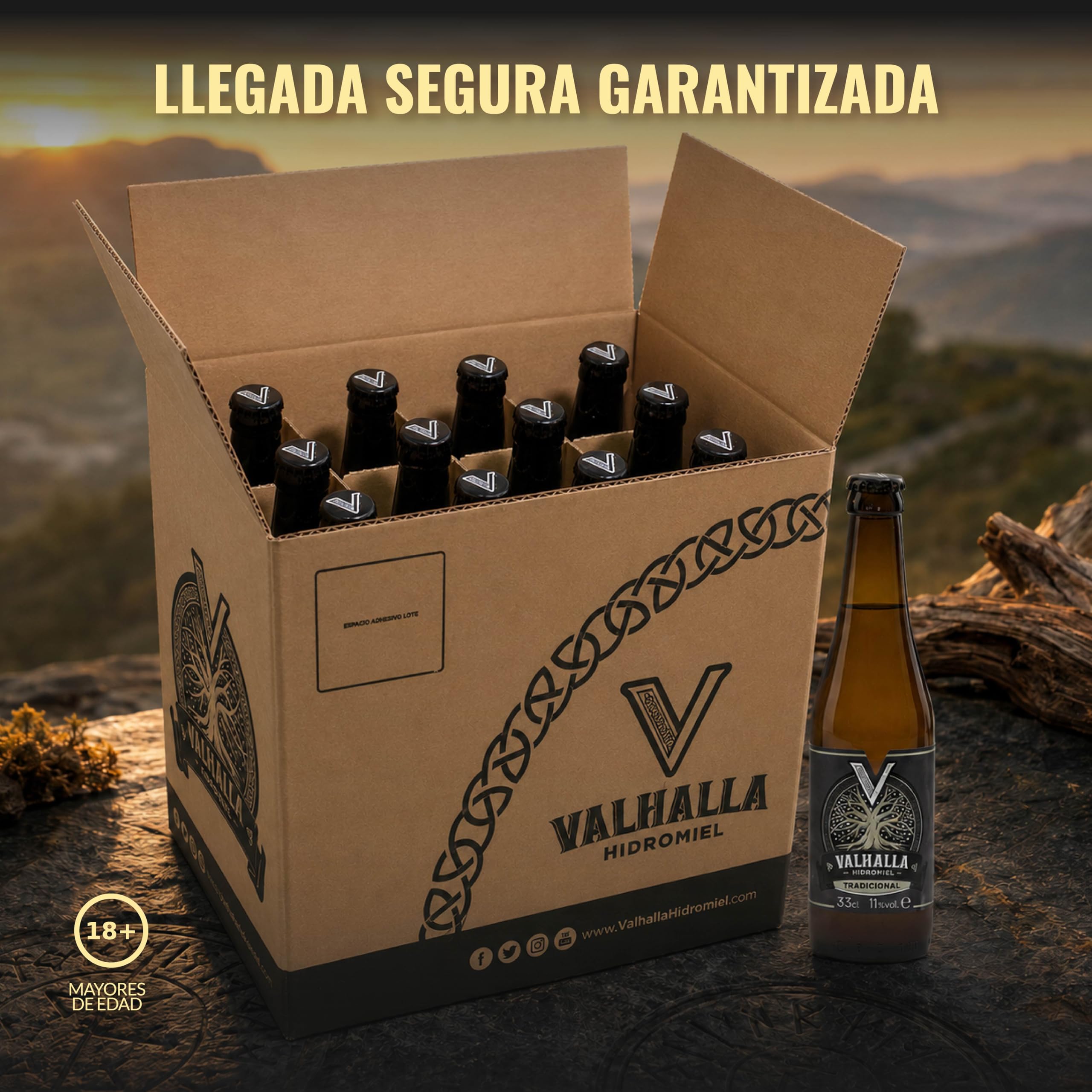 Valhalla Hidromiel Tradicional Cerveza Artesanal | Estilo Show Mead Semi Seco | Bebida Natural con Aroma de Frutas Blancas y Miel | Caja 12 Botellines 33cl | Sin Gluten | 11% Grados Alcohol