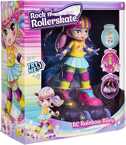 Miniatura 7 de Rock N Rollerskate Muñeca Rainbow Riley con control remoto iluminado - Reproduce música y patines 10 pulgadas de alto Rayo Luna, Rainbow Riley
