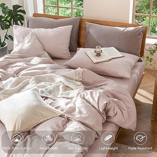 Miniatura 4 de MooMee  Juego de funda de edredón 100% algodón lavado con textura parecida al lino transpirable duradero suave cómodo (rosa grisáceo, King)